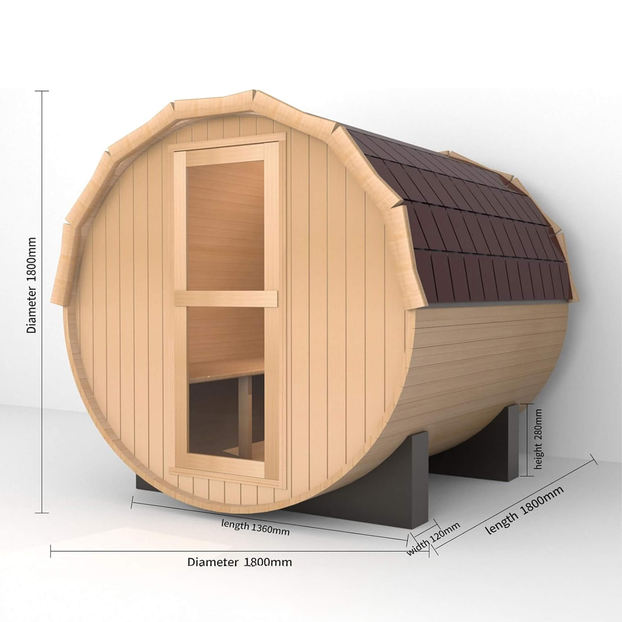 SAKSBY Wholesale Thermora Haven 2-person outdoor pinewood barrel sauna kit with 4.5KW heater and tempered glass window.