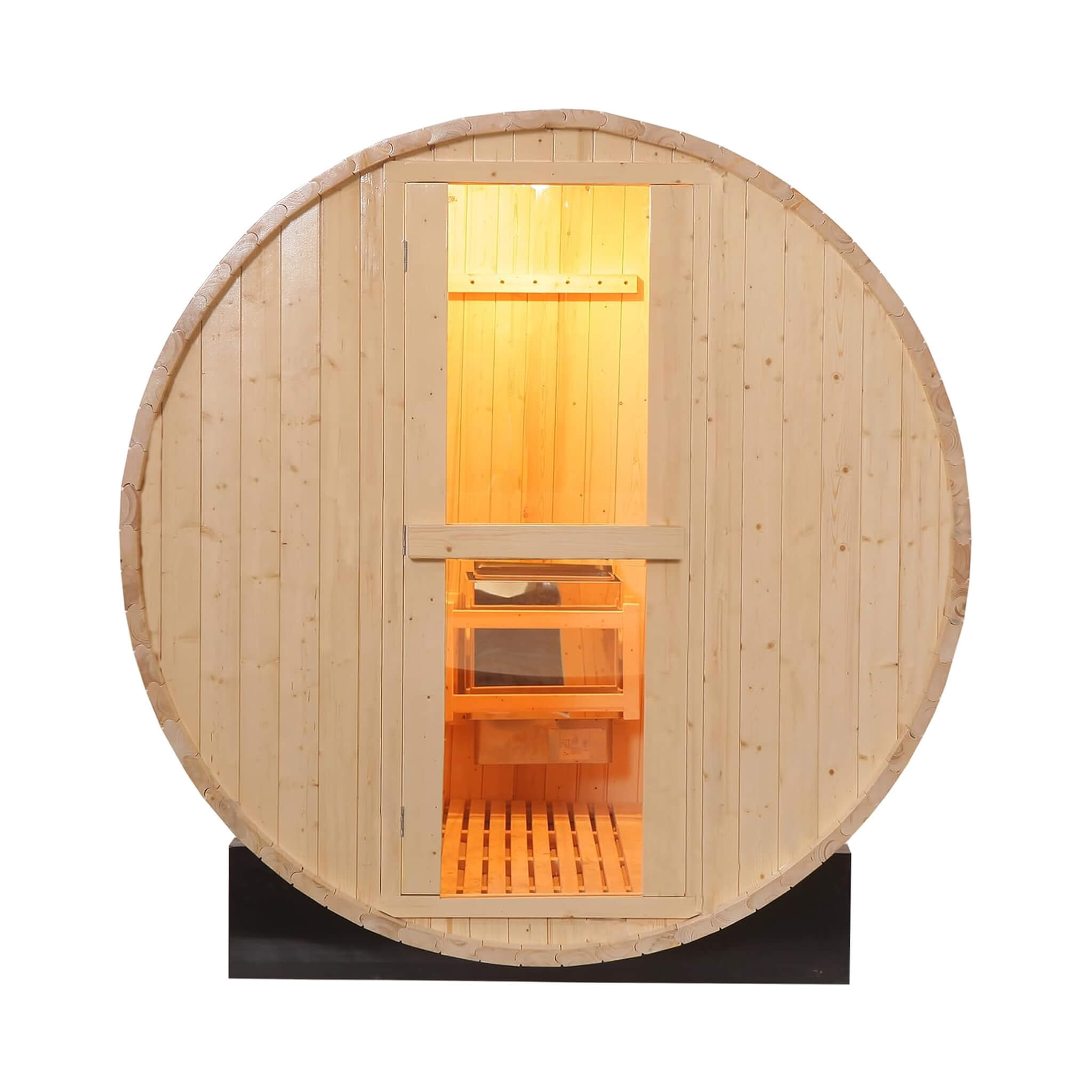 SAKSBY Wholesale Thermora Haven 2-person outdoor pinewood barrel infrared sauna with 4.5KW heater and tempered glass window.