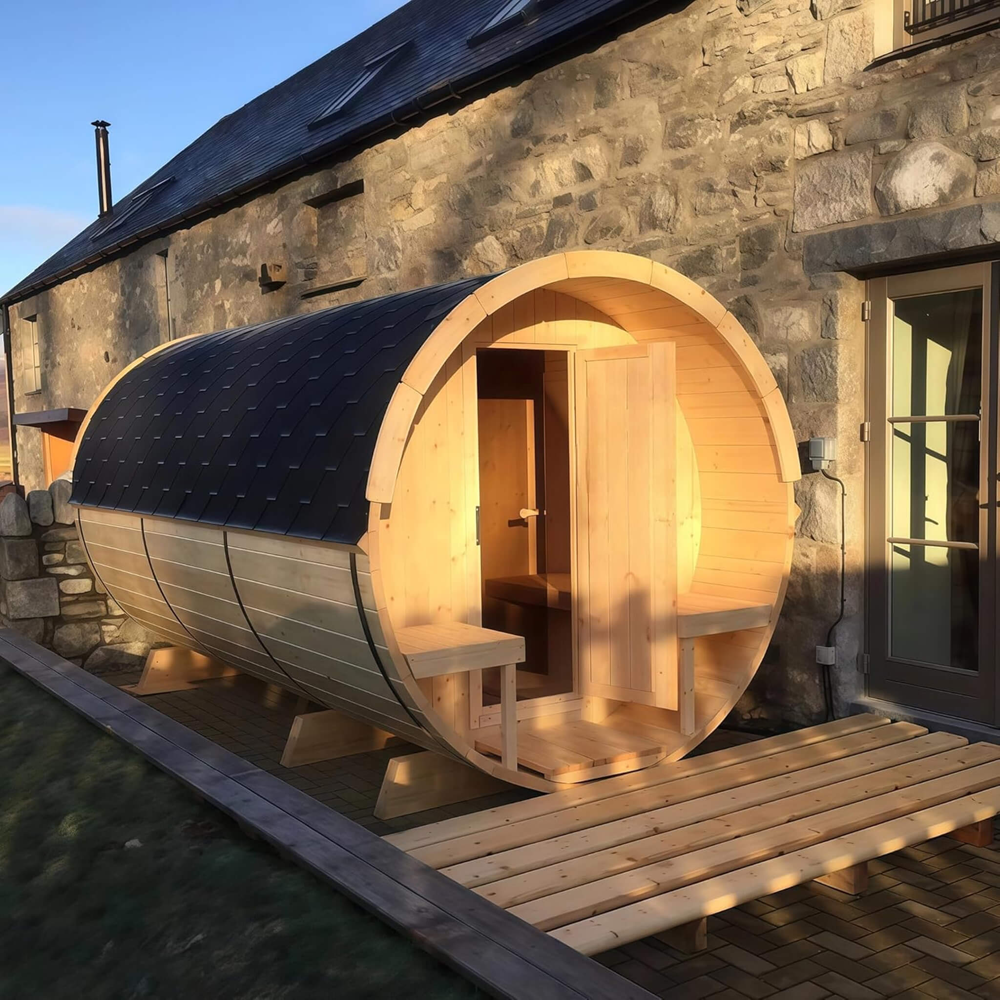 SAKSBY Wholesale Thermora Haven 2-person outdoor pinewood barrel infrared sauna with 4.5KW heater and tempered glass window.