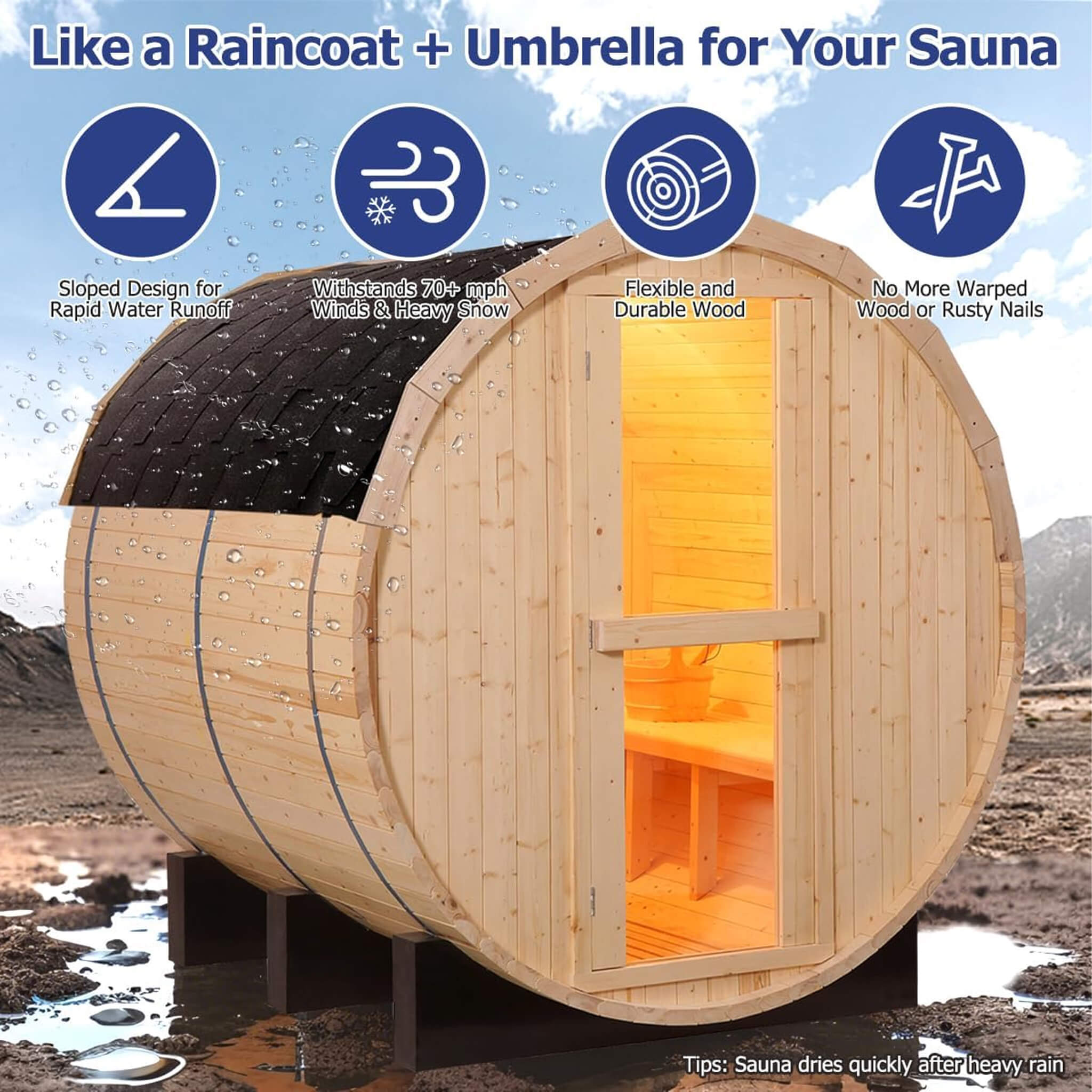SAKSBY Wholesale Thermora Haven outdoor 2-person pinewood barrel sauna kit with 4.5KW heater and tempered glass window.