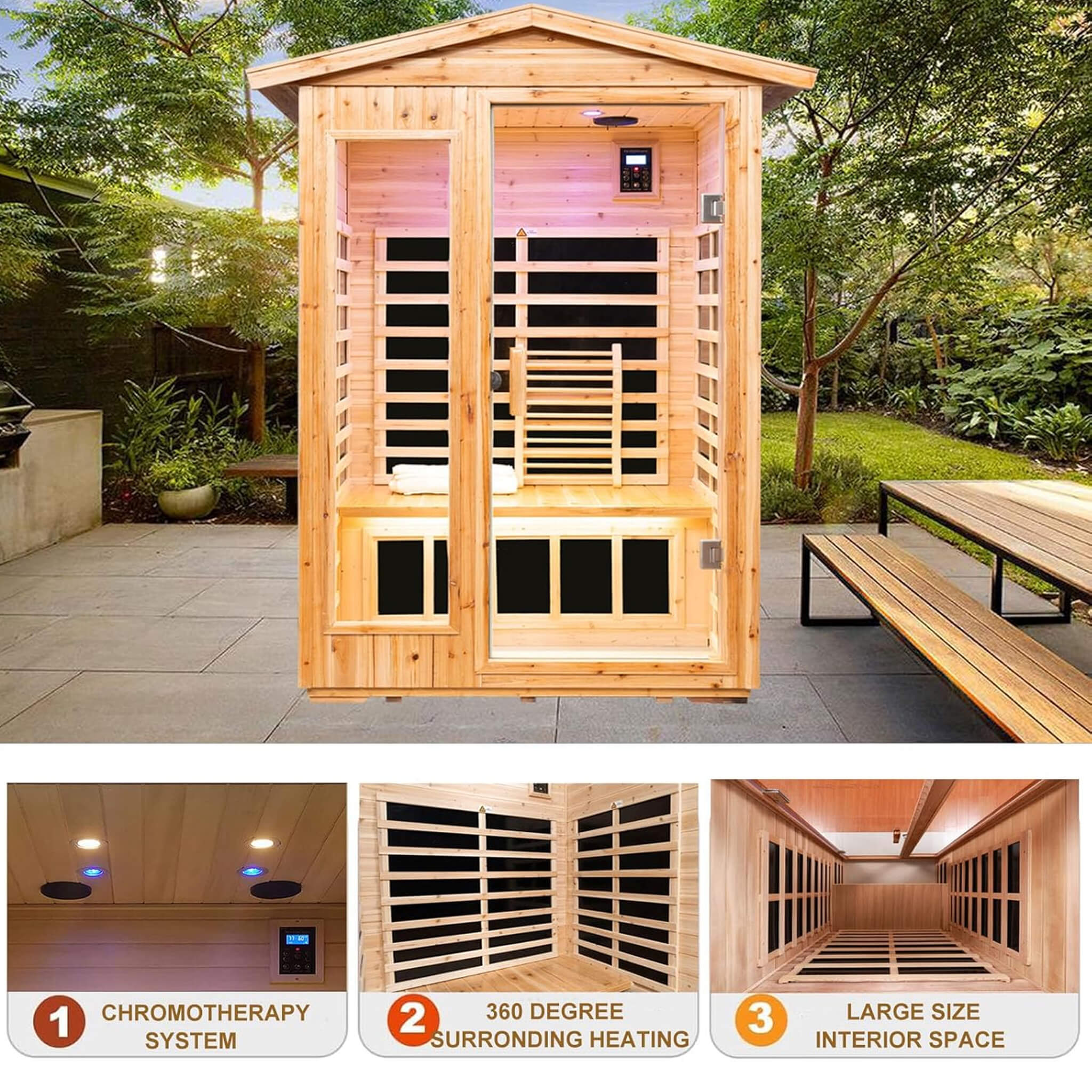 Thermora Zorin 2-person low EMF FAR-infrared sauna made of hemlock wood, designed for indoor and outdoor use.