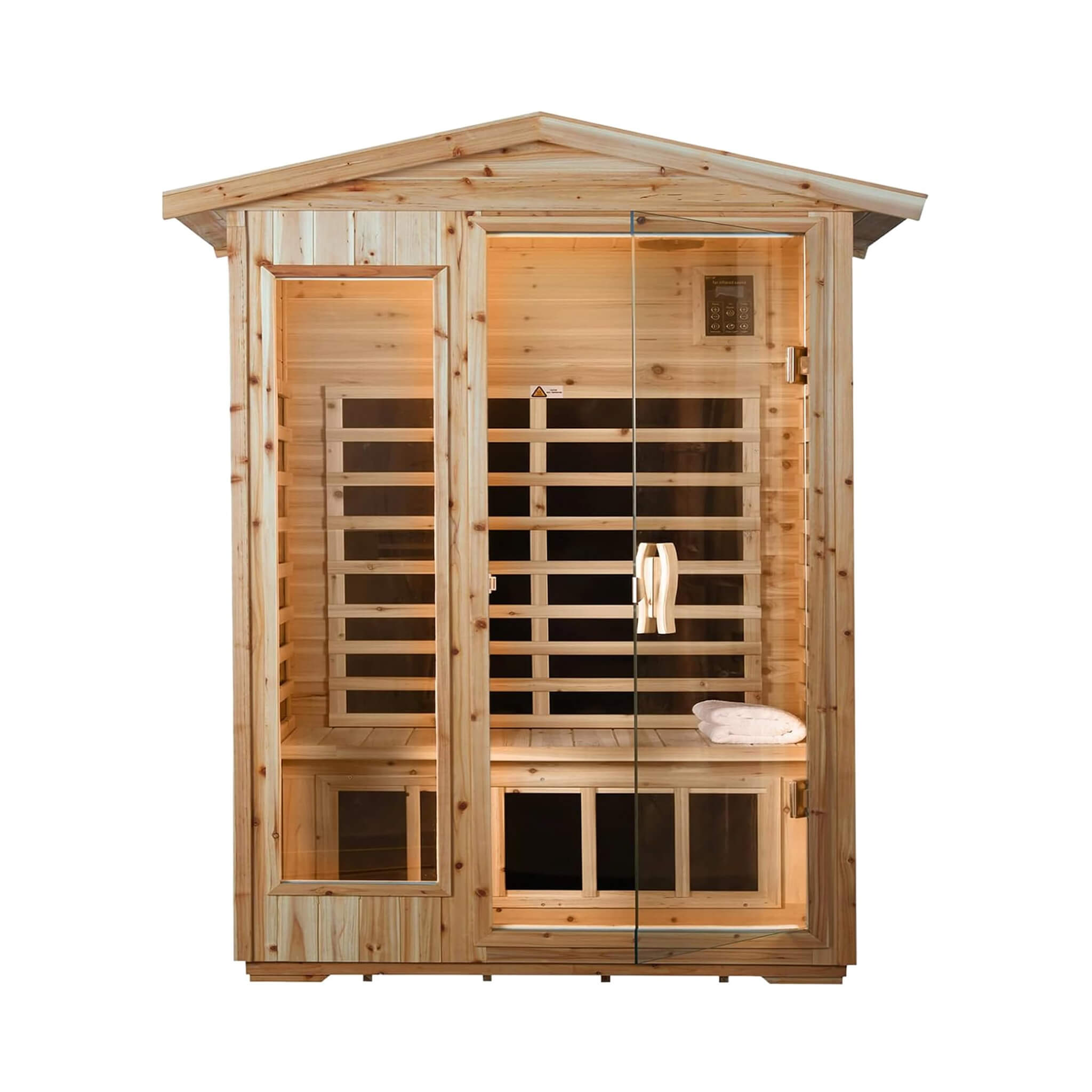 Front view of Thermora Zorin 2-person sauna made of hemlock wood, featuring low EMF FAR-infrared technology.