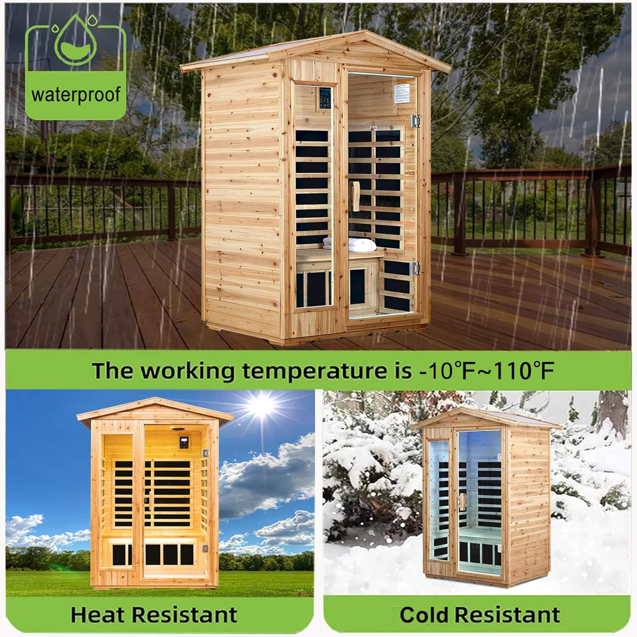 Thermora Zorin 2-person sauna made of hemlock wood, designed for indoor/outdoor use with low EMF FAR-infrared heating.