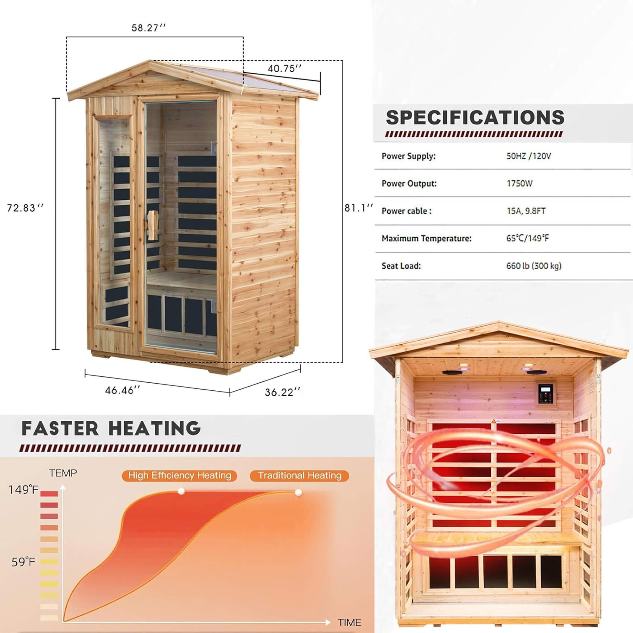 Thermora Zorin 2-person indoor outdoor sauna made of hemlock wood with low EMF FAR-infrared heating system.