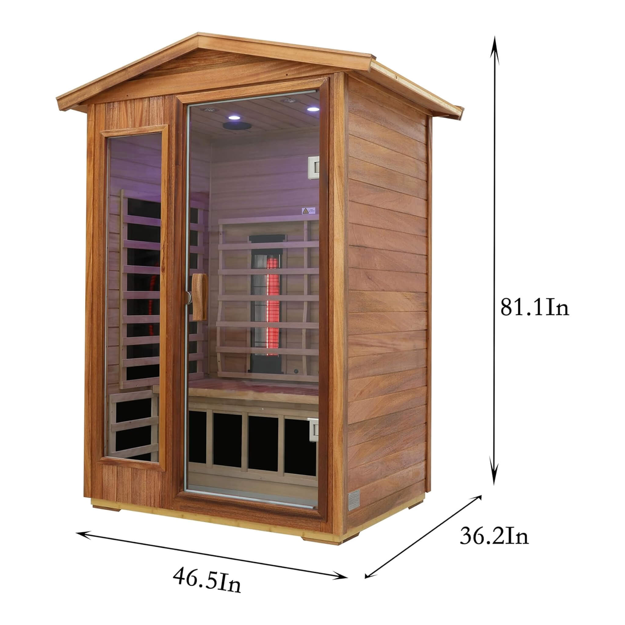 Premium 2-person outdoor infrared sauna with mahogany wood, Bluetooth audio, LED lights, and low EMF by SAKSBY WHOLESALE.