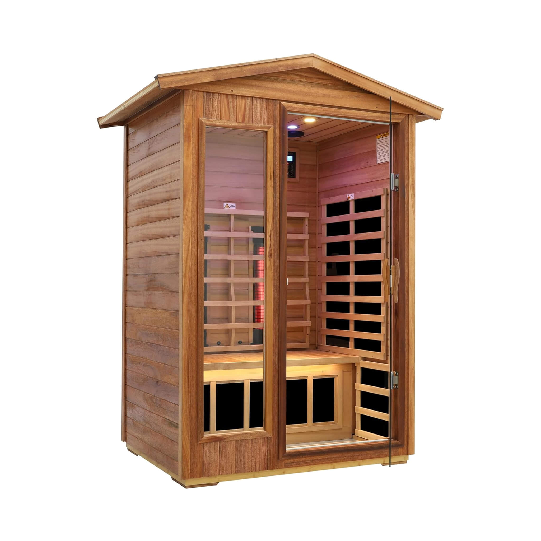 SAKSBY WHOLESALE Thermora Deluxe 2-person outdoor infrared sauna with mahogany finish, LED lights, Bluetooth audio, and low EMF technology.