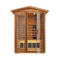 SAKSBY WHOLESALE Thermora Alveron 2-person outdoor infrared sauna with mahogany finish, LED lights, Bluetooth audio, and low EMF.