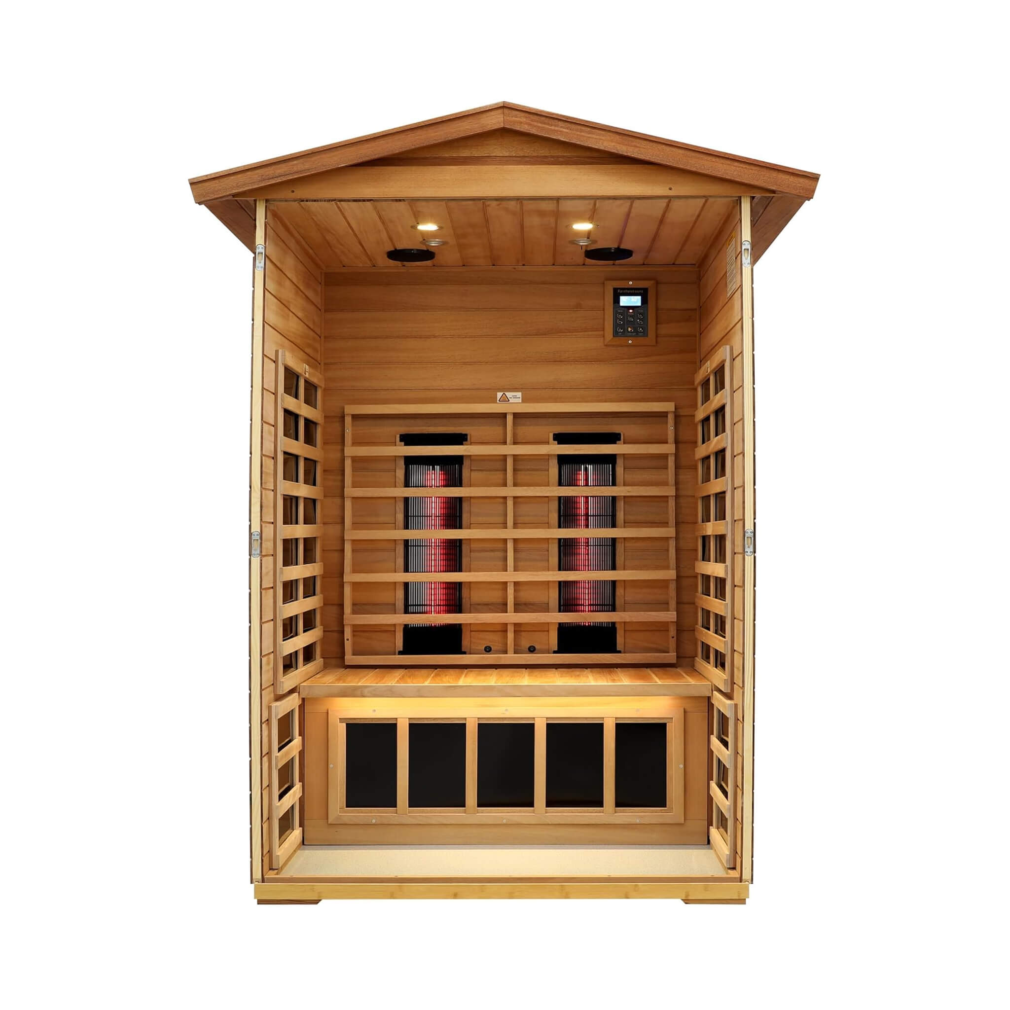 Inside view of SAKSBY WHOLESALE Thermora Deluxe 2-Person Outdoor Mahogany Infrared Sauna with Bluetooth and LED lights.