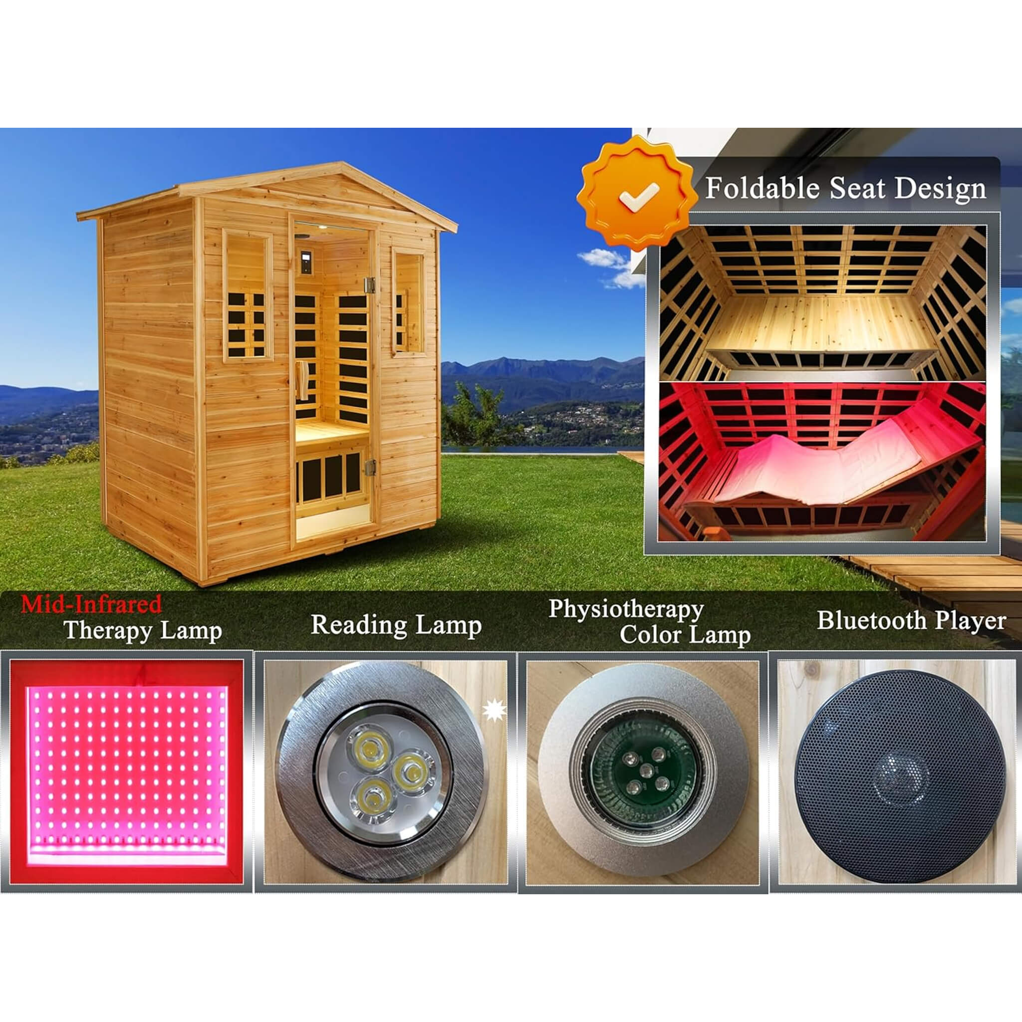 Kora Deluxe 3-person infrared sauna featuring Bluetooth speakers and LED reading light for outdoor relaxation.