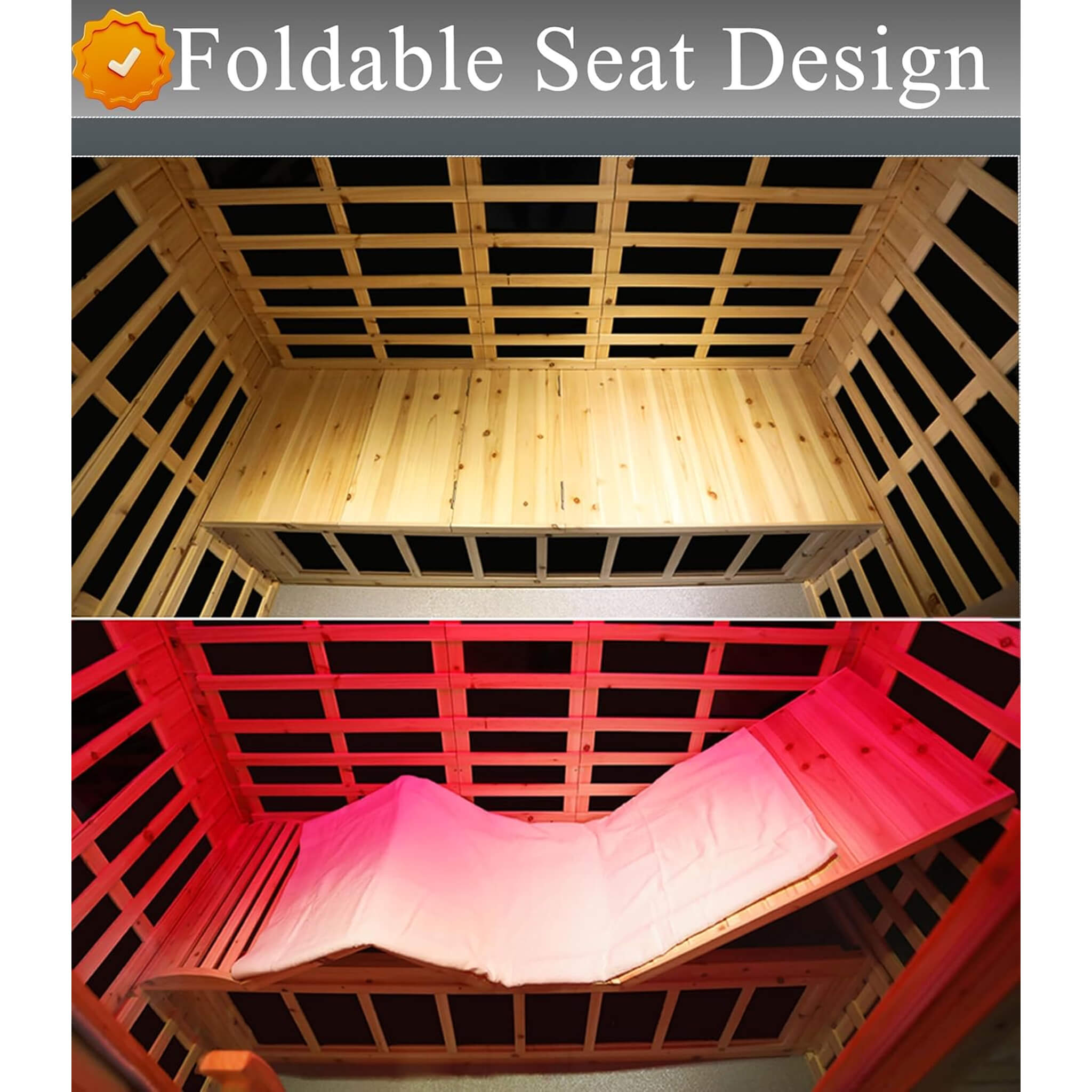 Three-person outdoor infrared sauna with Bluetooth speakers and LED light, featuring a foldable seat design.