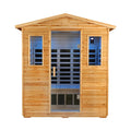 Three-person Thermora Kora Deluxe infrared sauna featuring Bluetooth speakers and an LED reading light.