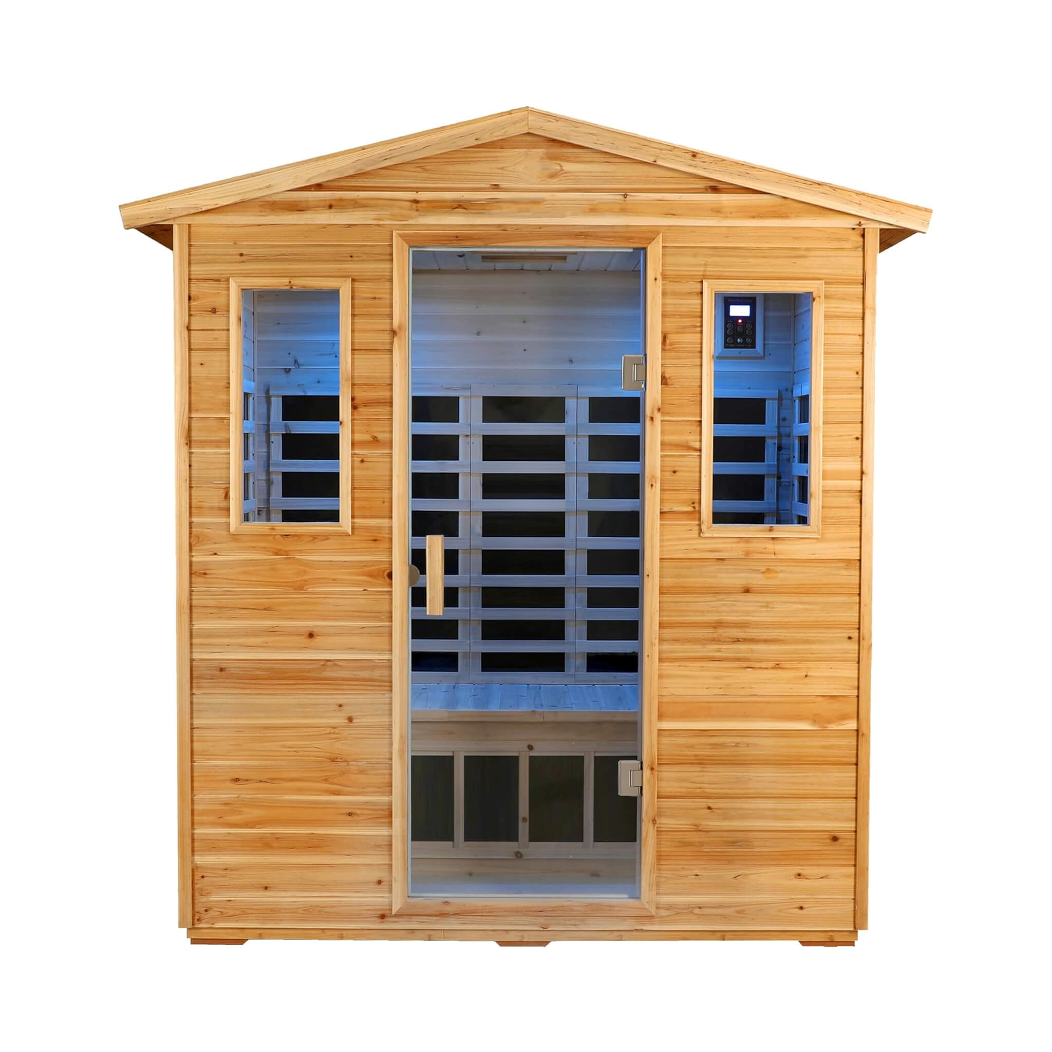 Three-person Thermora Kora Deluxe infrared sauna featuring Bluetooth speakers and an LED reading light.