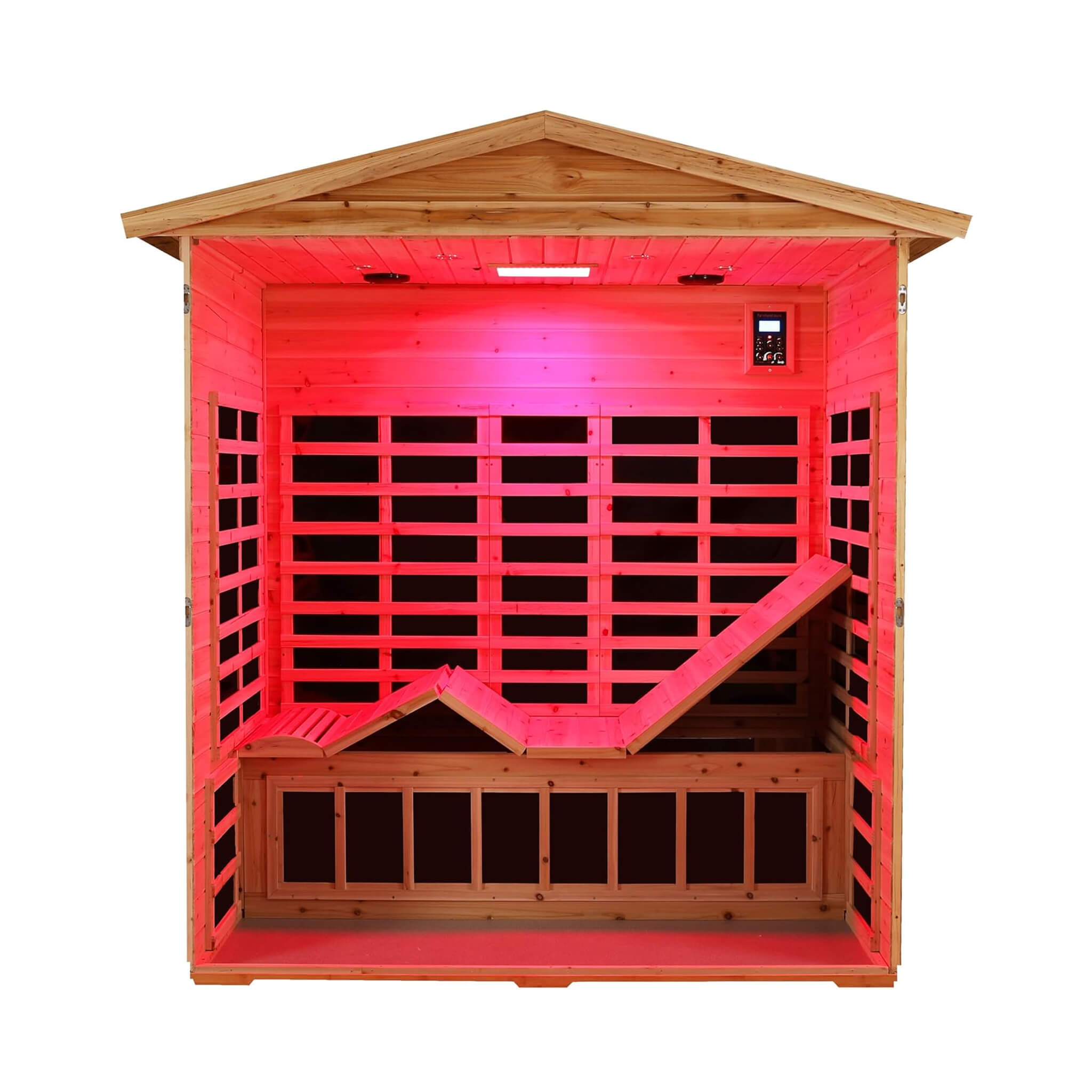 Inside view of the Thermora Kora Deluxe 3-person infrared sauna featuring Bluetooth speakers and LED reading light.