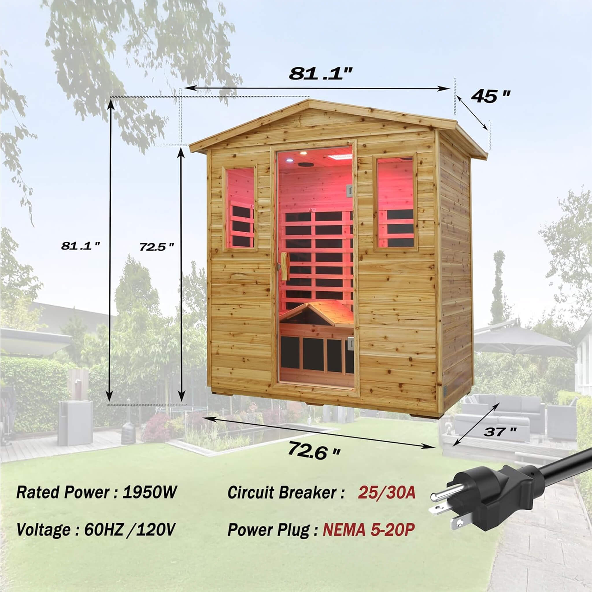 Thermora Kora Deluxe 3-person outdoor infrared sauna with Bluetooth speakers and LED reading light.
