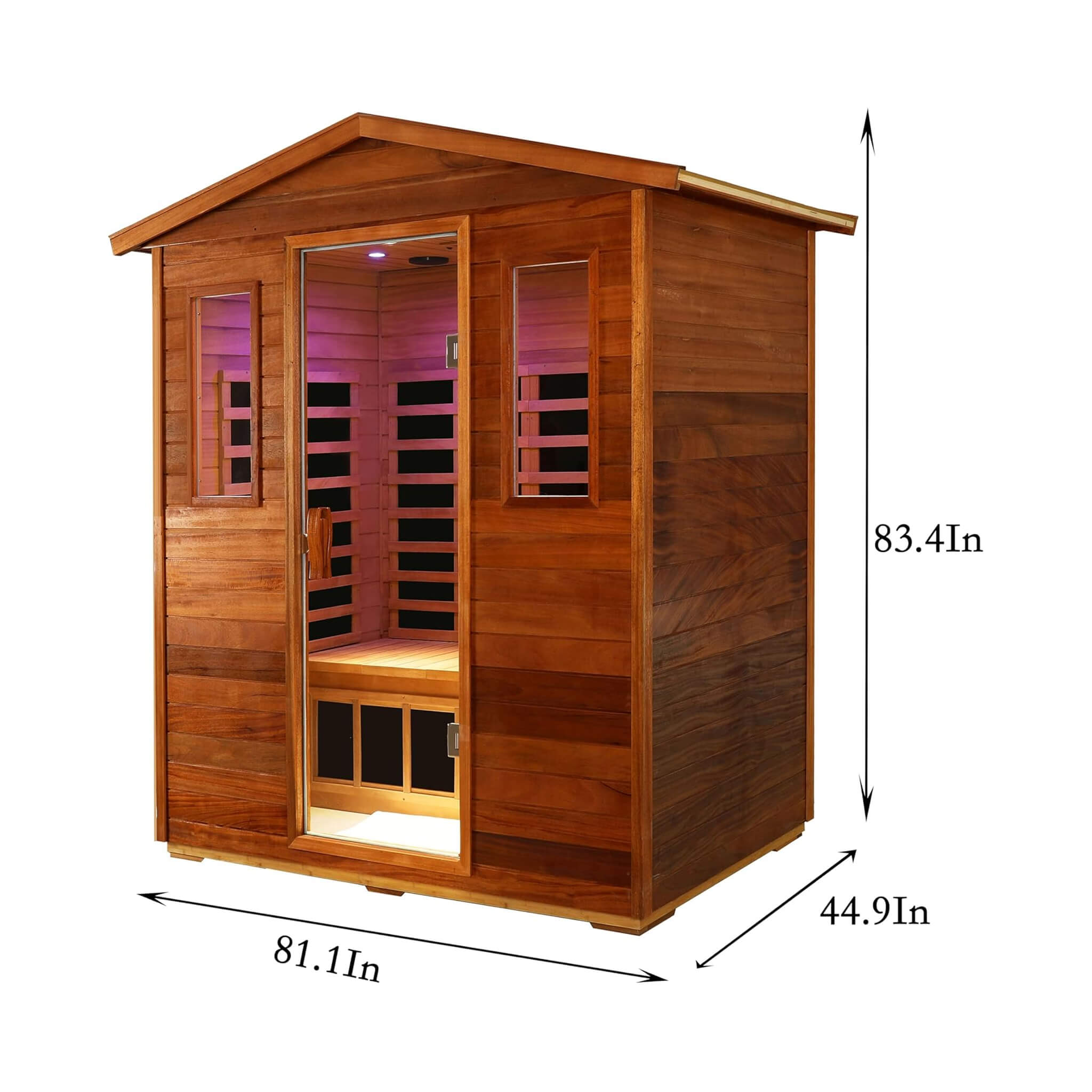 SAKSBY Wholesale Thermora Vanta 3-person outdoor mahogany infrared sauna with chromotherapy and Bluetooth speakers.