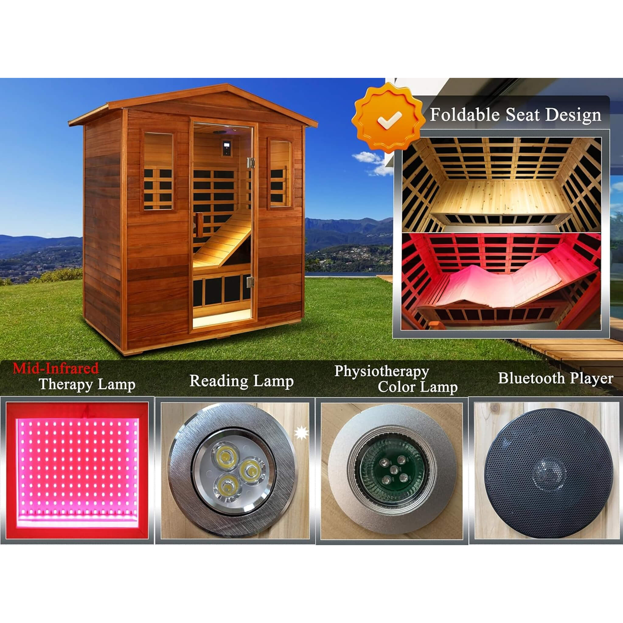 SAKSBY WHOLESALE Thermora Vanta 3-person outdoor mahogany infrared sauna with chromotherapy, Bluetooth speakers, and full spectrum lighting.