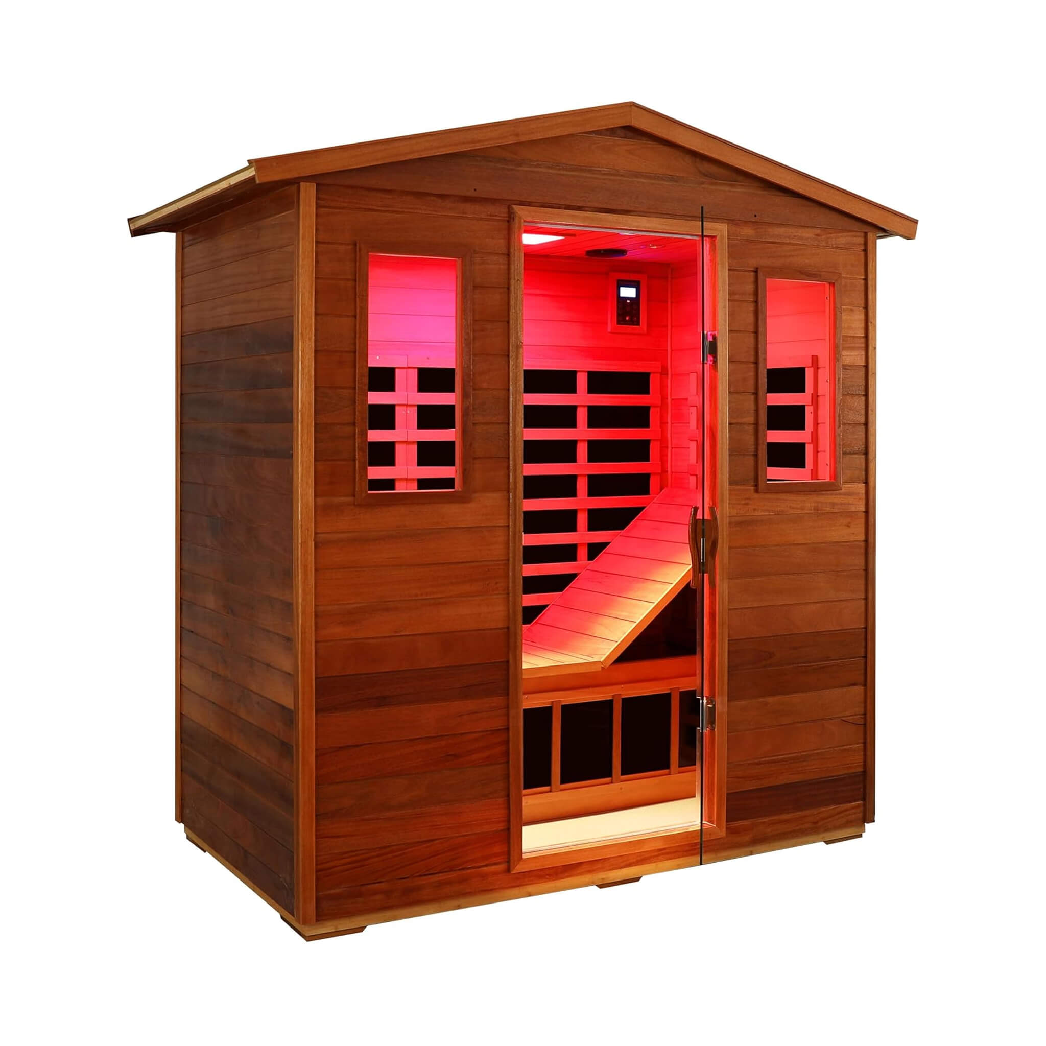 Front corner view of SAKSBY WHOLESALE Thermora Vanta 3-person outdoor mahogany infrared sauna with chromotherapy and Bluetooth speakers.