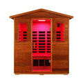 Front view of SAKSBY WHOLESALE Thermora Vanta 3-Person outdoor mahogany infrared sauna with chromotherapy and Bluetooth speakers.