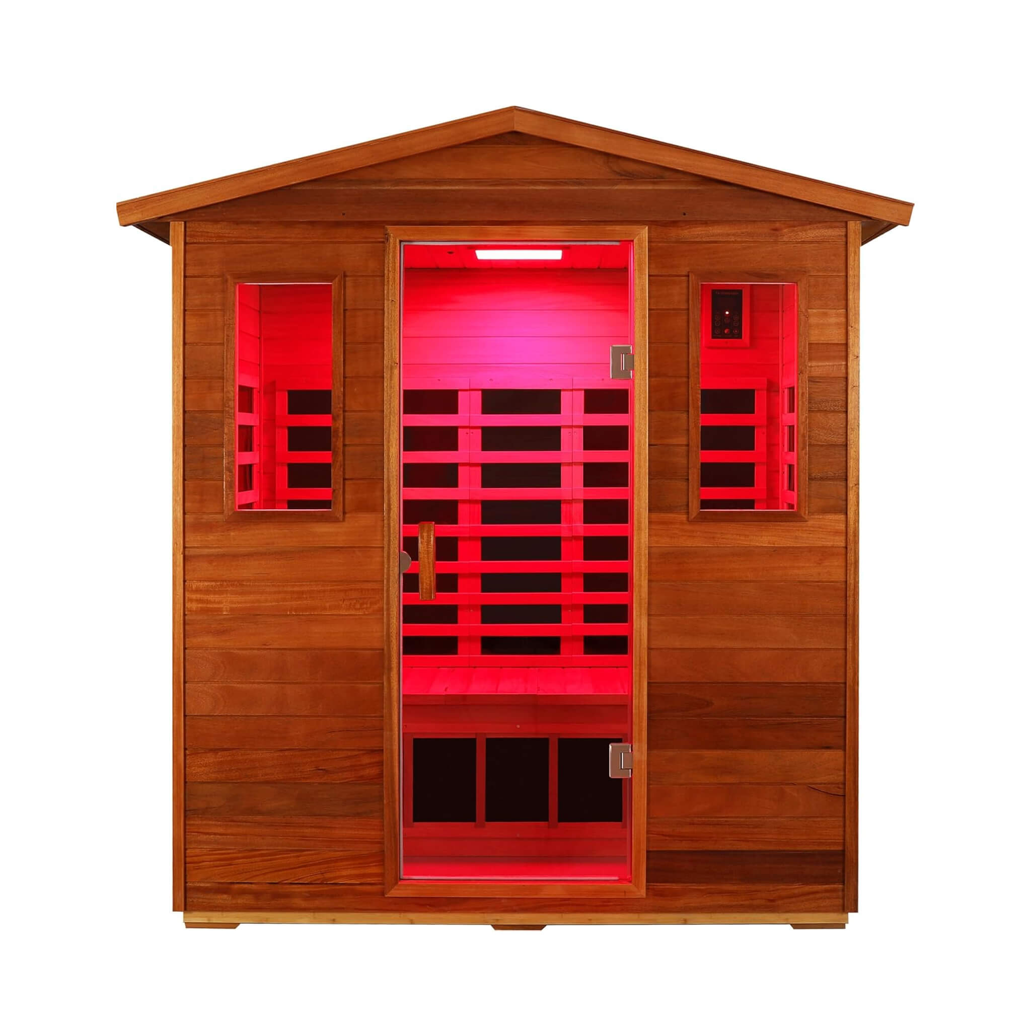Front view of SAKSBY WHOLESALE Thermora Vanta 3-Person outdoor mahogany infrared sauna with chromotherapy and Bluetooth speakers.