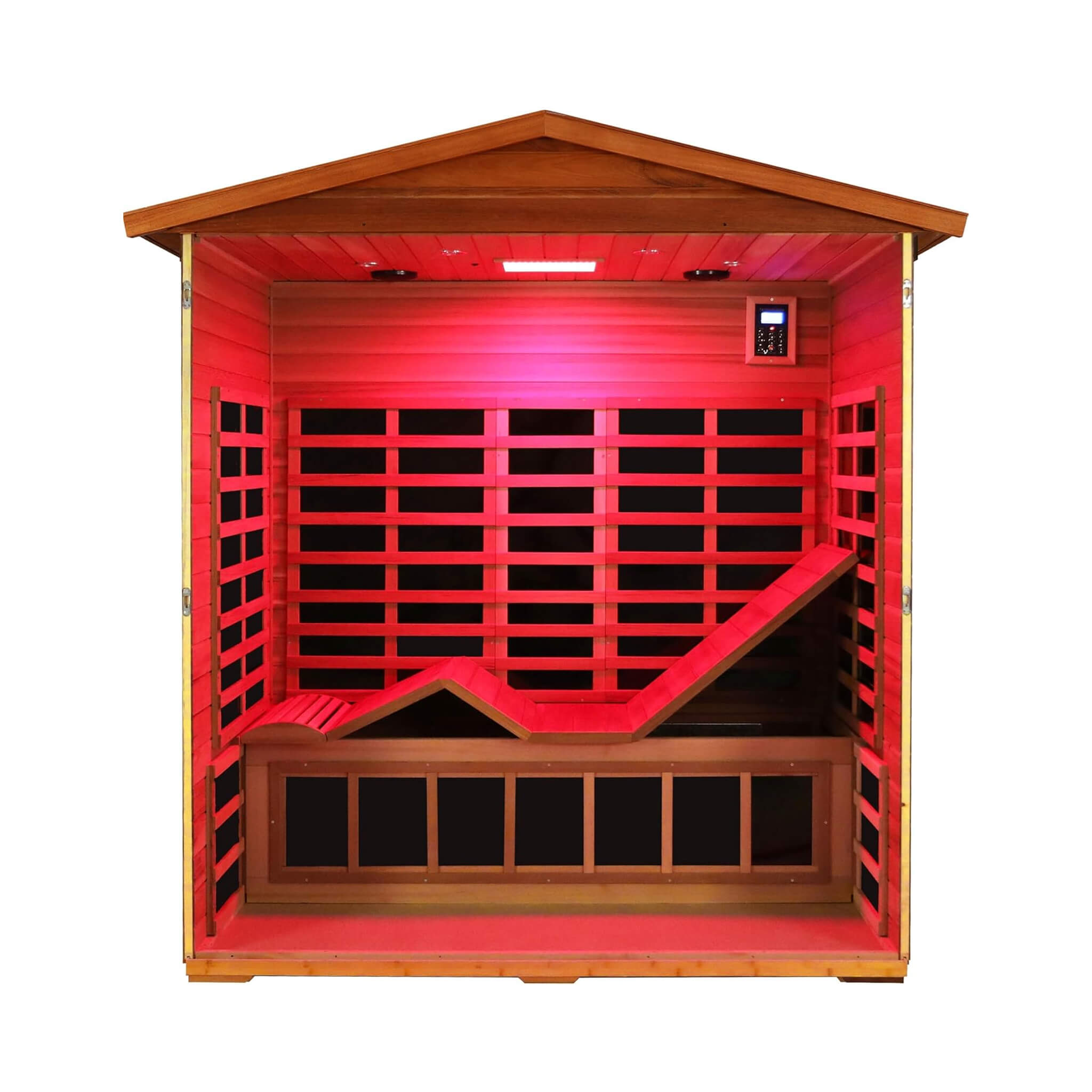 Inside view of SAKSBY WHOLESALE Thermora Vanta 3-person outdoor mahogany infrared sauna with chromotherapy and Bluetooth speakers.