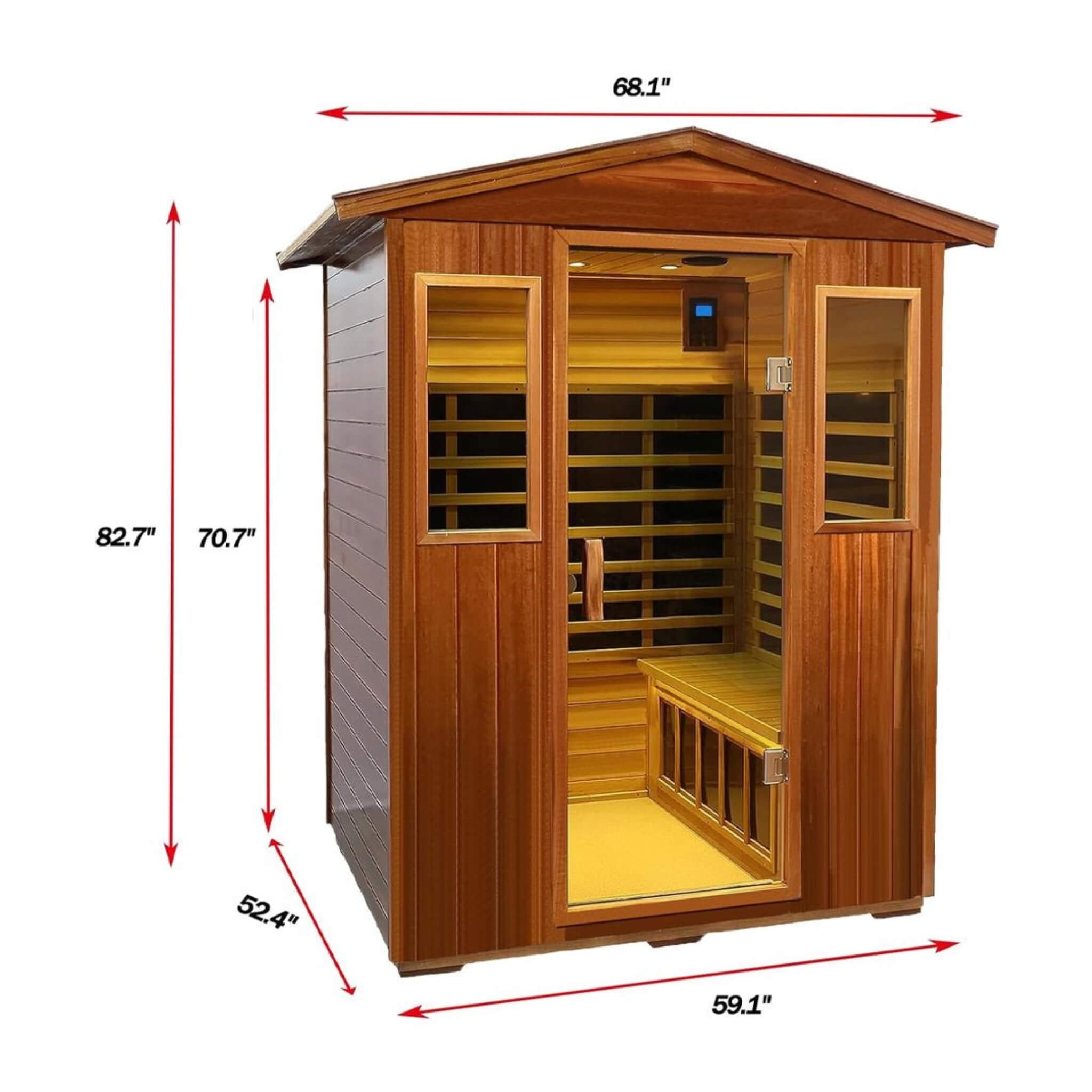 View of SAKSBY WHOLESALE 4-person outdoor infrared home sauna with Bluetooth audio, low EMF design, and wooden interior.
