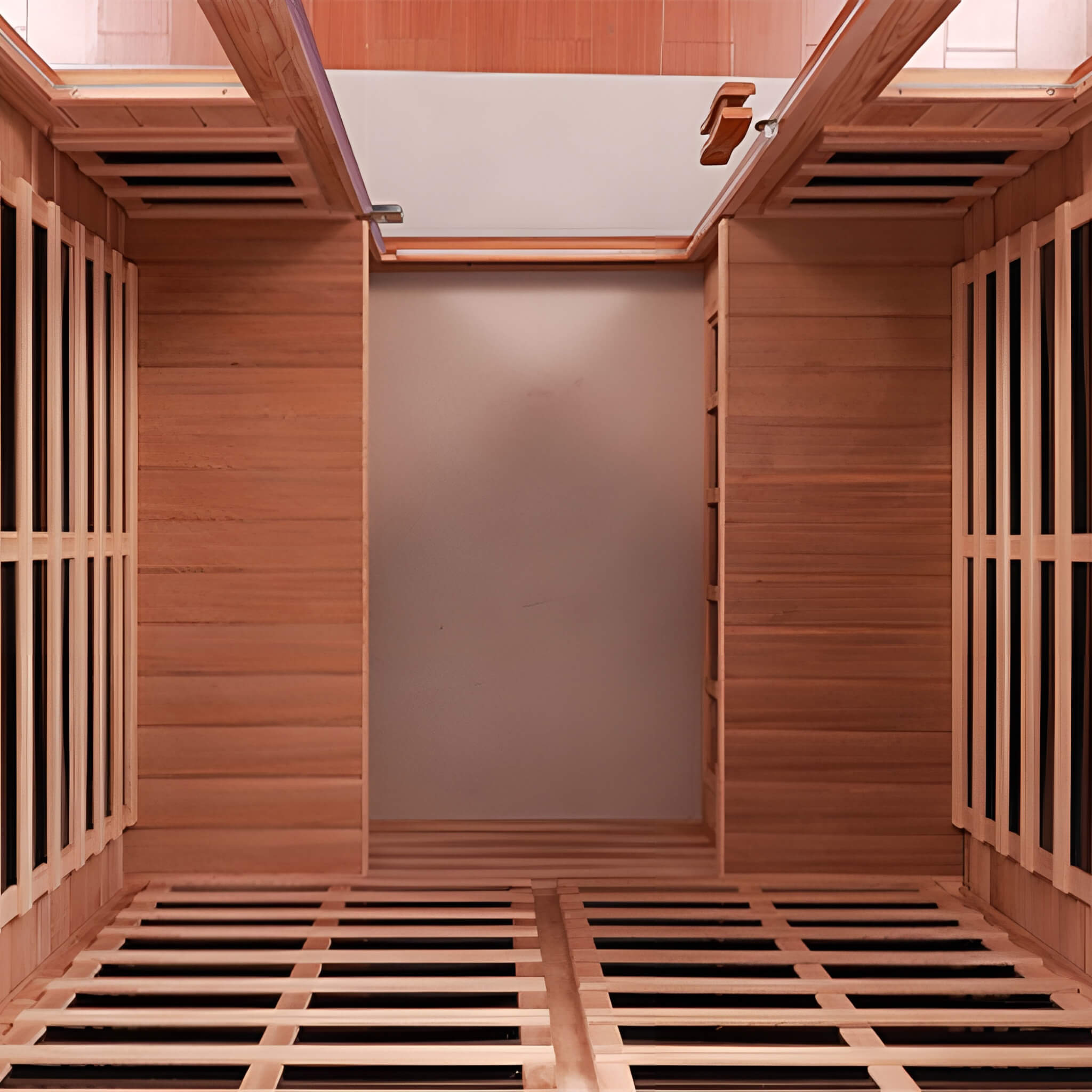 Floor view of SAKSBY WHOLESALE 4-person luxury outdoor infrared home sauna with Bluetooth audio and low EMF, 2050W.