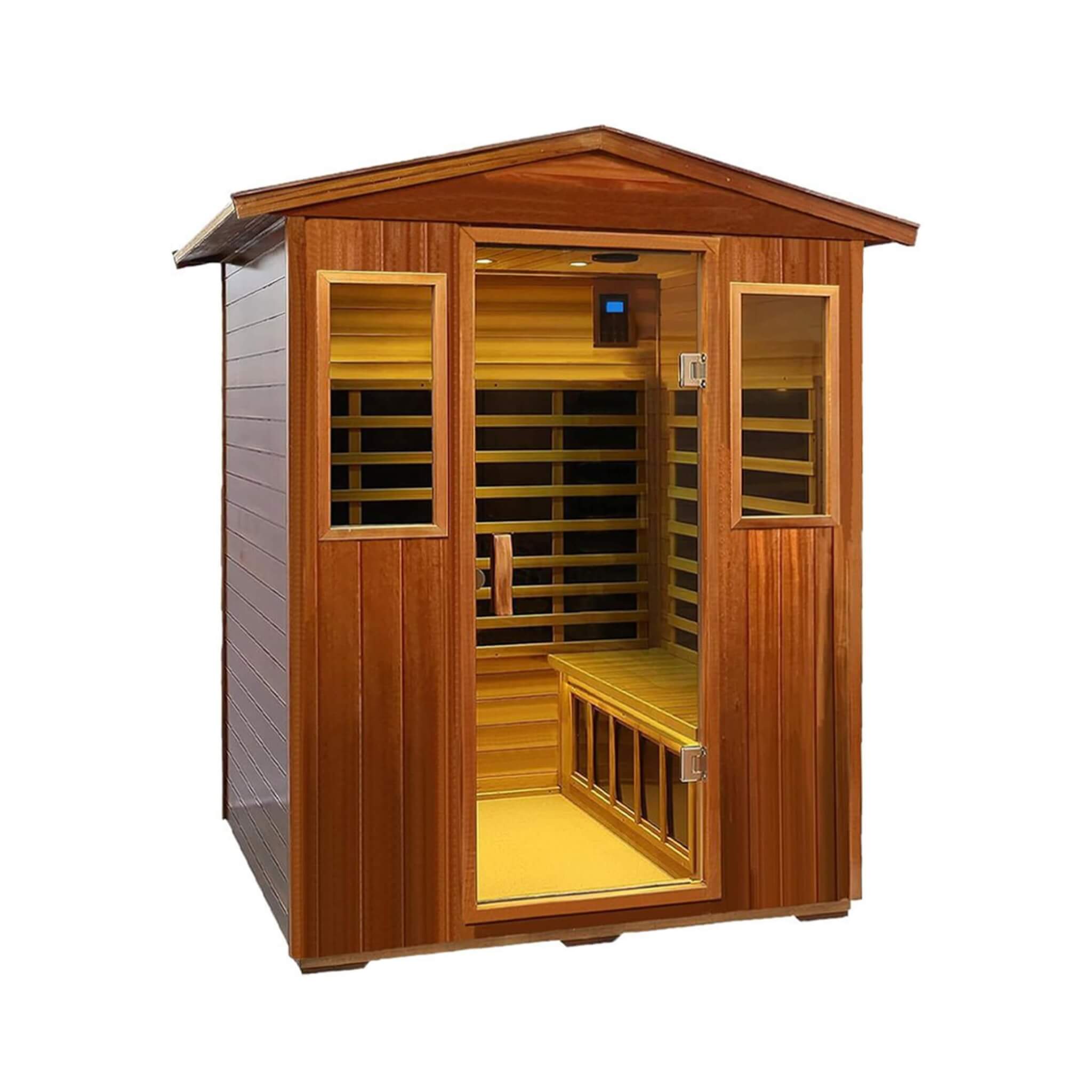 Front right view of SAKSBY Luxury 4-Person Outdoor Infrared Sauna with Bluetooth audio and low EMF design.