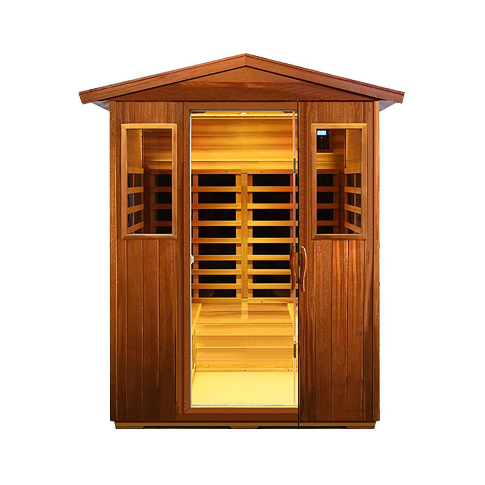 Front view of SAKSBY Wholesale 4-person luxury outdoor infrared home sauna with Bluetooth audio and low EMF, 2050W.