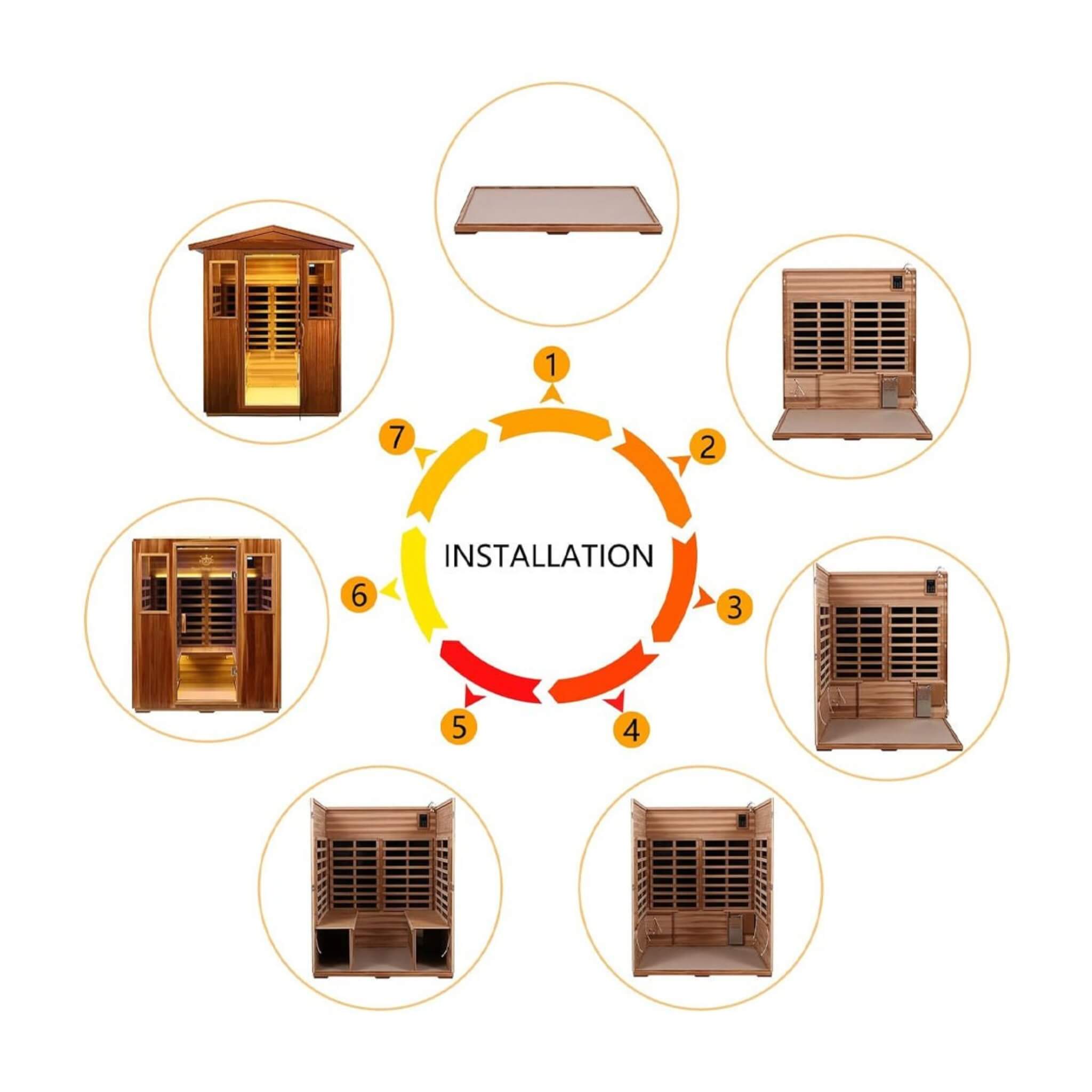 Outdoor 4-person SAKSBY luxury infrared sauna with Bluetooth audio, low EMF, and wooden interior, 2050W power, installation view.