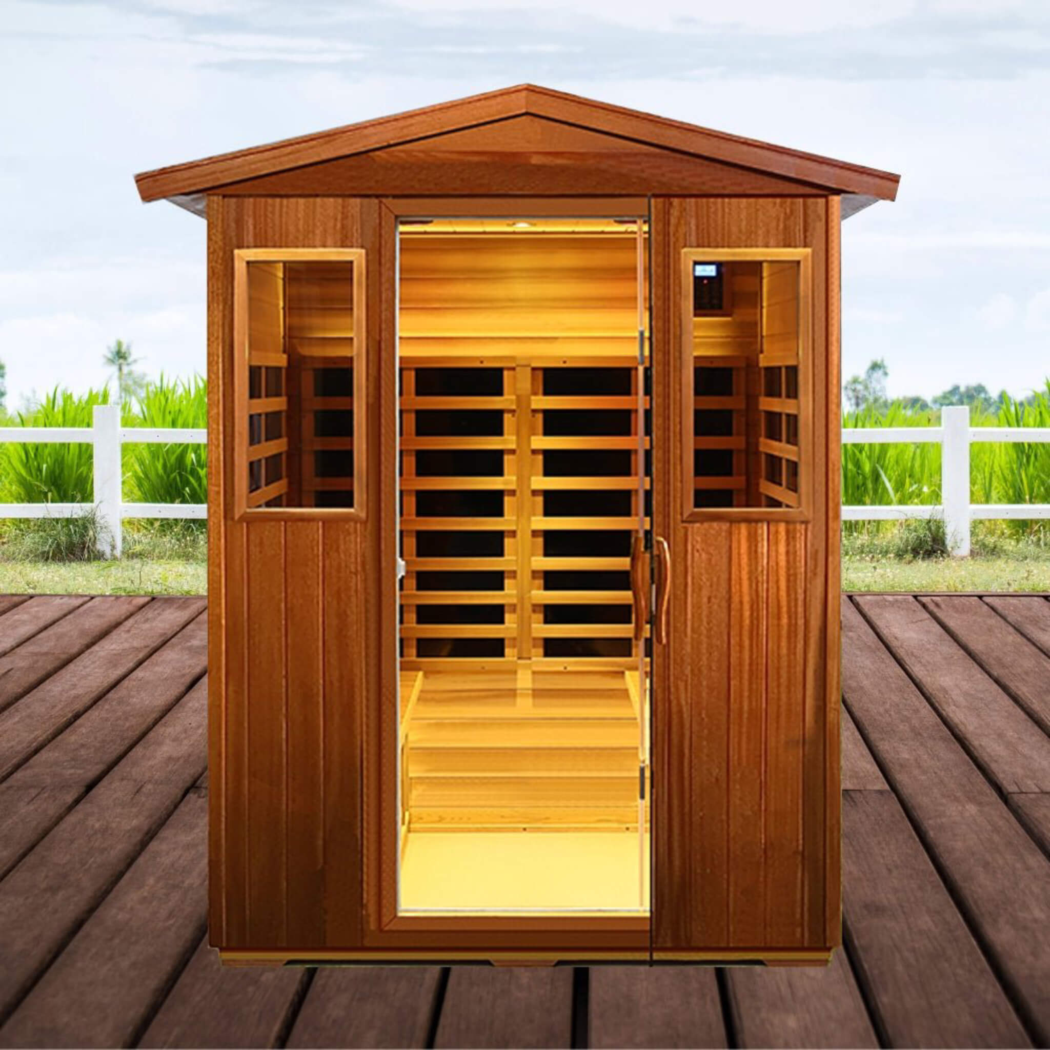 Luxury 4-person outdoor infrared sauna with Bluetooth audio, low EMF design, and wooden interior from SAKSBY WHOLESALE.