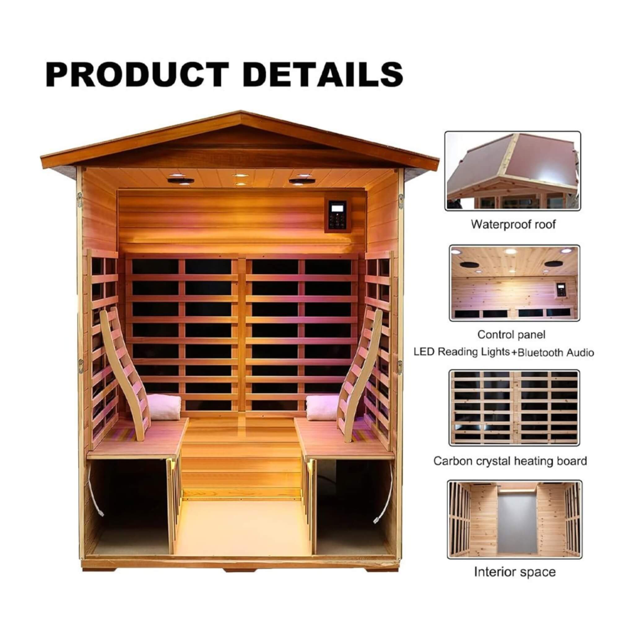 Four-person outdoor infrared sauna with Bluetooth audio, low EMF, sleek design, and digital controls by SAKSBY WHOLESALE.