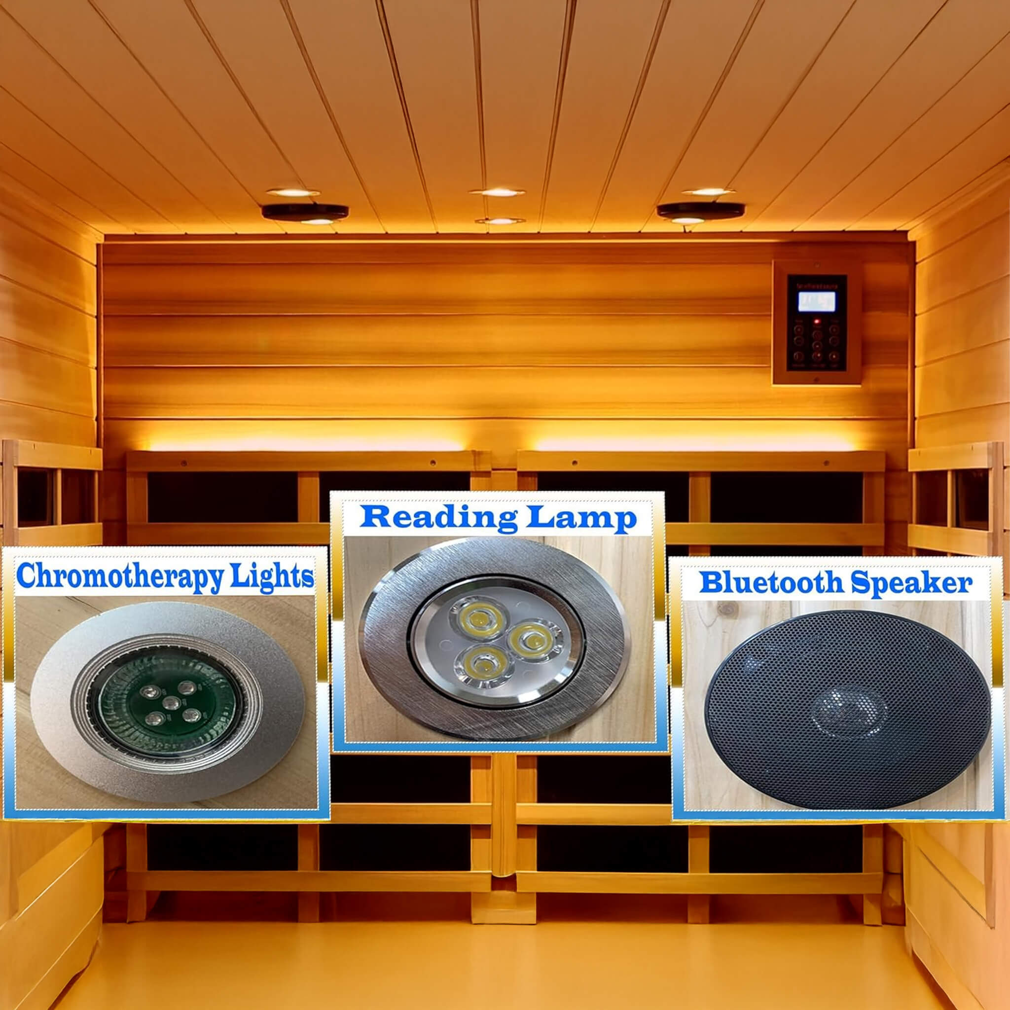 SAKSBY Wholesale Thermora Deluxe 4-Person Outdoor Mahogany Infrared Sauna with chromotherapy and Bluetooth speakers.