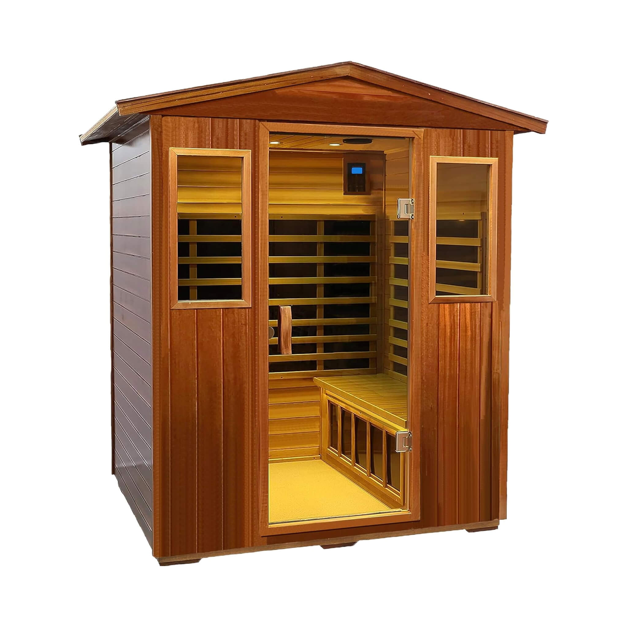 SAKSBY WHOLESALE Thermora Deluxe 4-person outdoor mahogany infrared sauna with chromotherapy and Bluetooth speakers, front-right view.