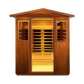 SAKSBY WHOLESALE Thermora Deluxe 4-person outdoor mahogany infrared sauna with chromotherapy, Bluetooth speakers, and full-spectrum light.