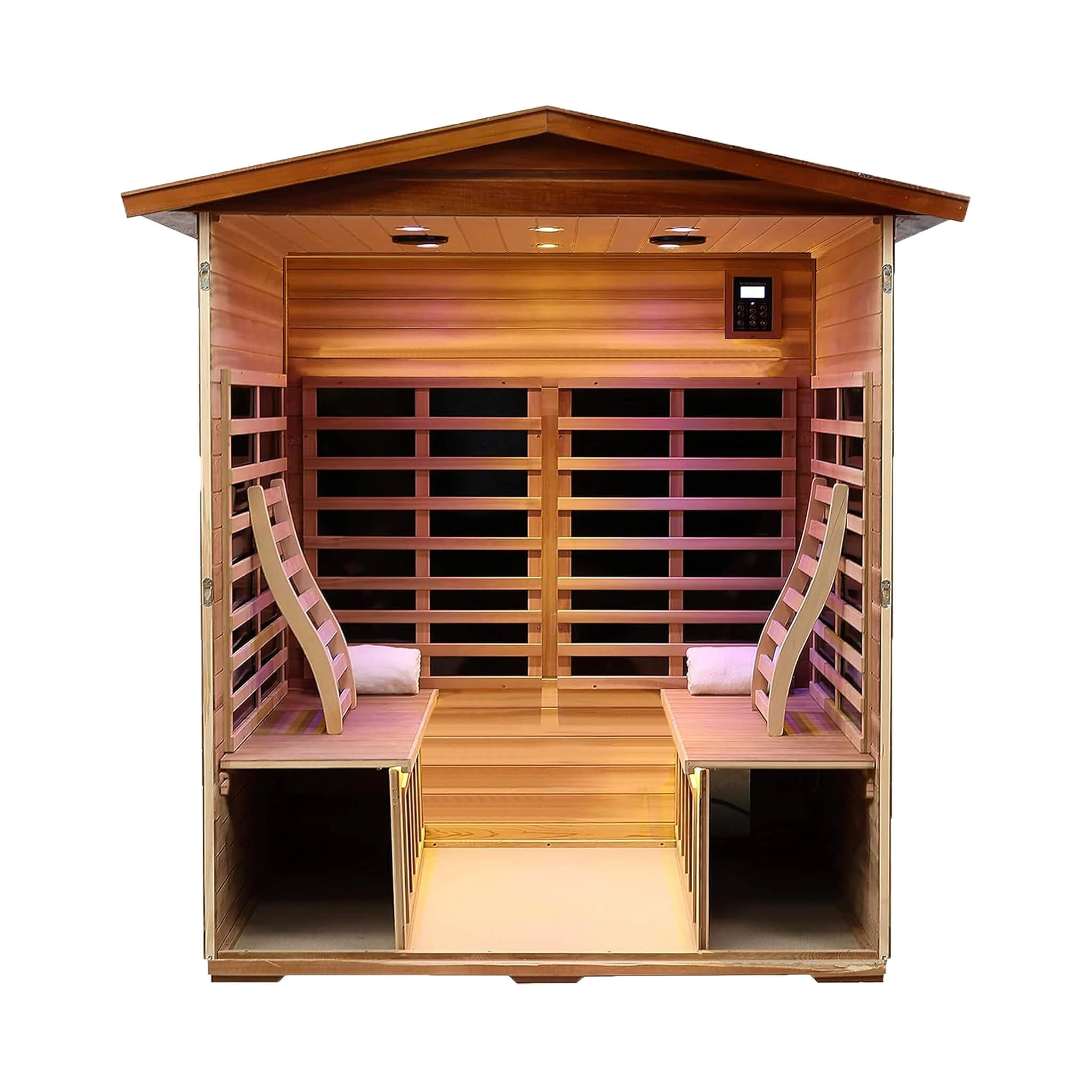 Interior view of SAKSBY WHOLESALE Thermora Deluxe 4-person outdoor mahogany infrared sauna with chromotherapy and Bluetooth speakers.