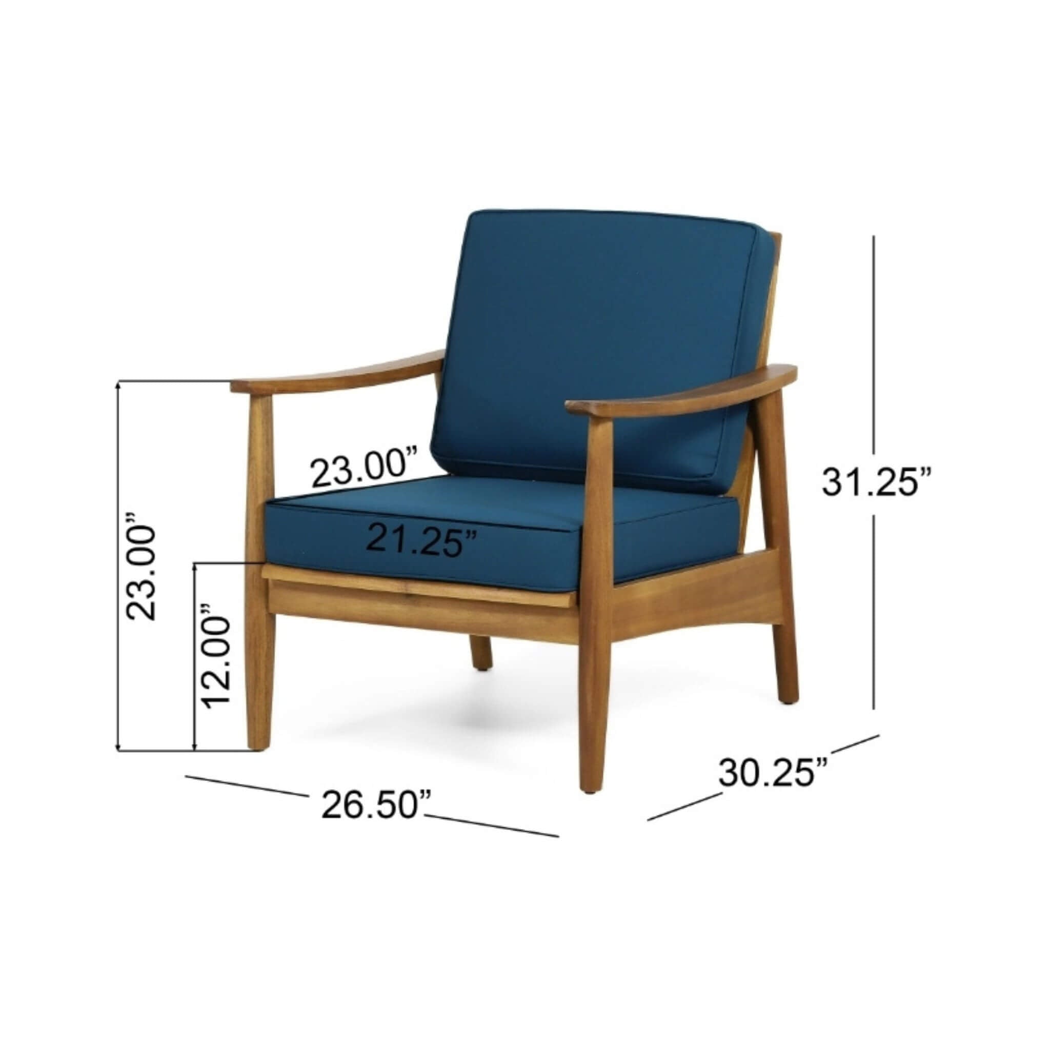 Alora premium 4-piece wooden outdoor patio conversation seating set with cushions, showcasing chair dimensions.