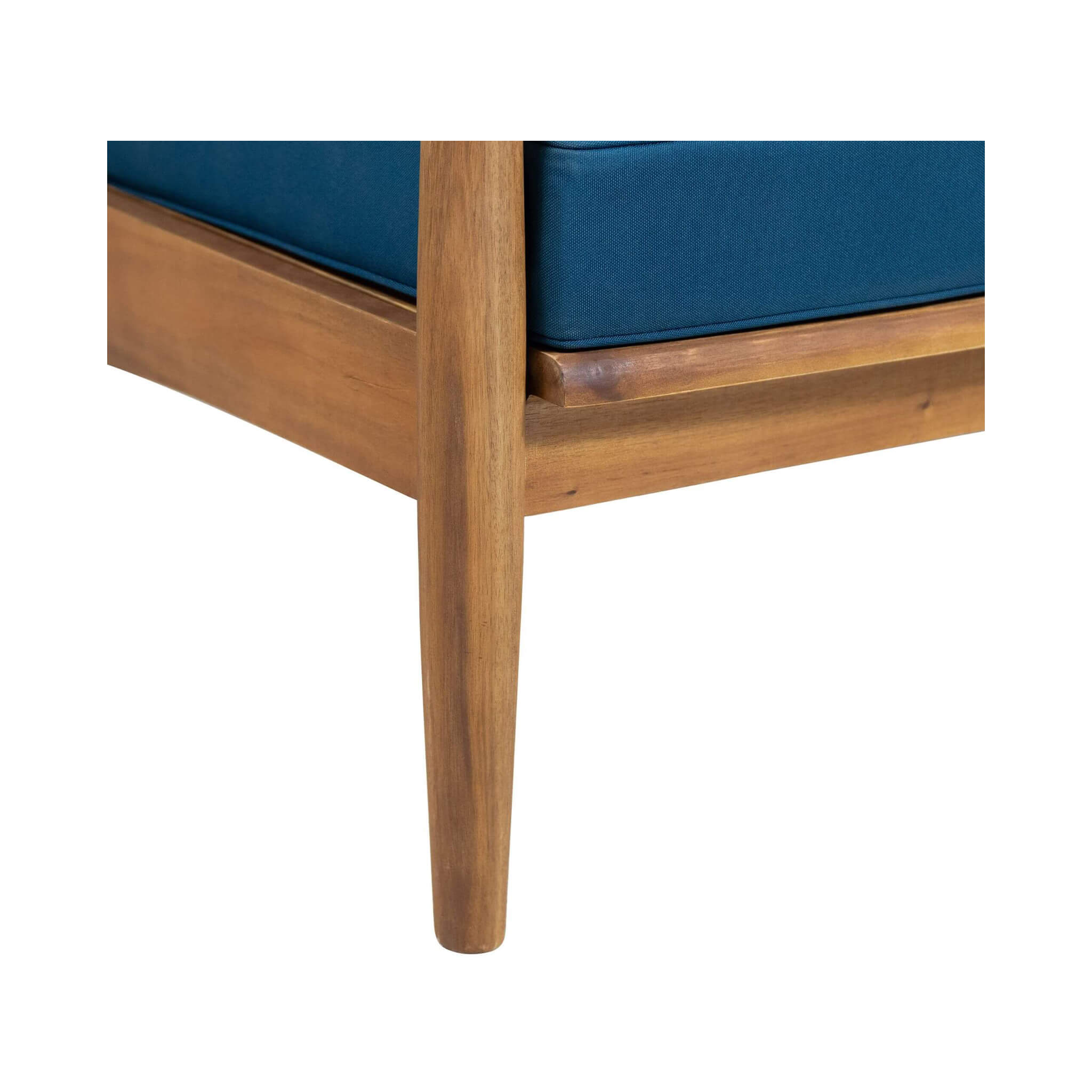 Detailed view of the leg stand of Alora Premium 4-Piece Wooden Outdoor Patio Conversation Seating Set with Cushions.