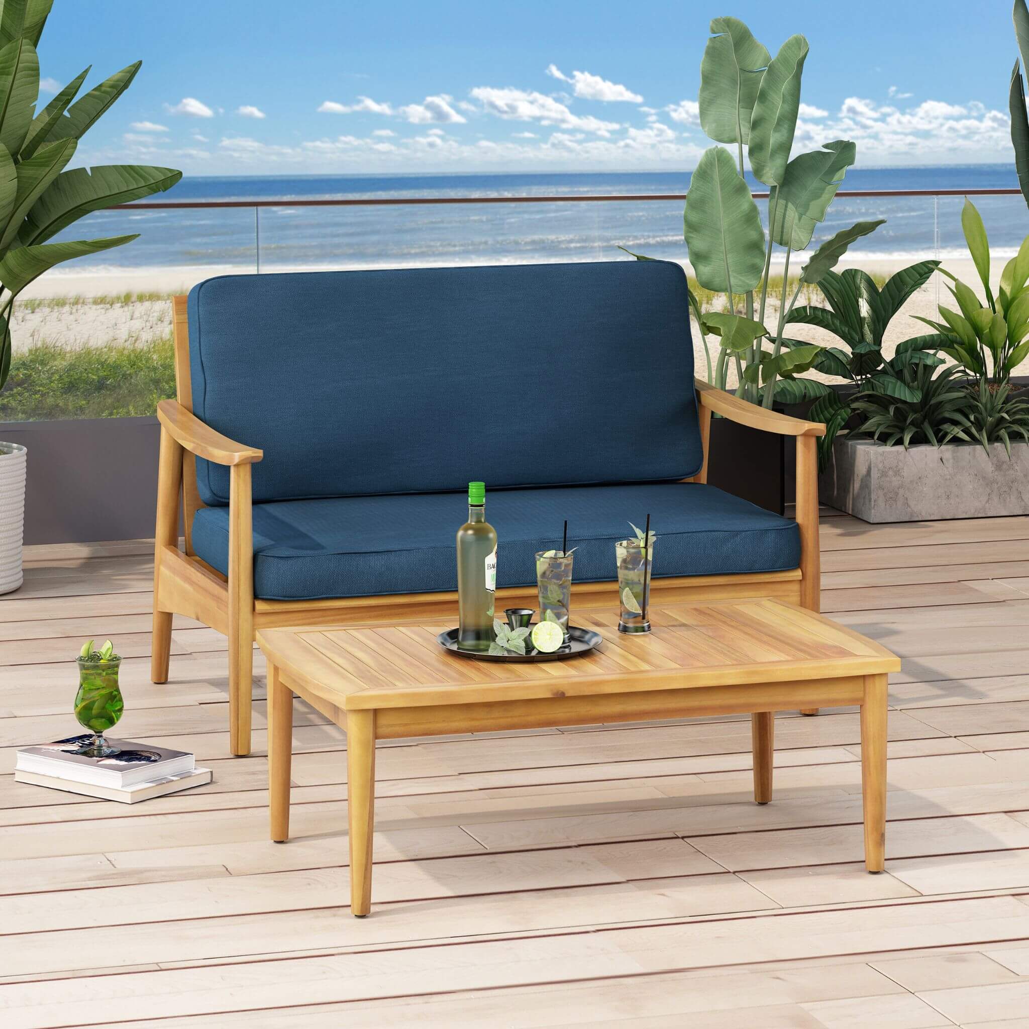 Alora 4-piece wooden outdoor patio seating set with cushions, featuring contemporary design and comfortable seating.