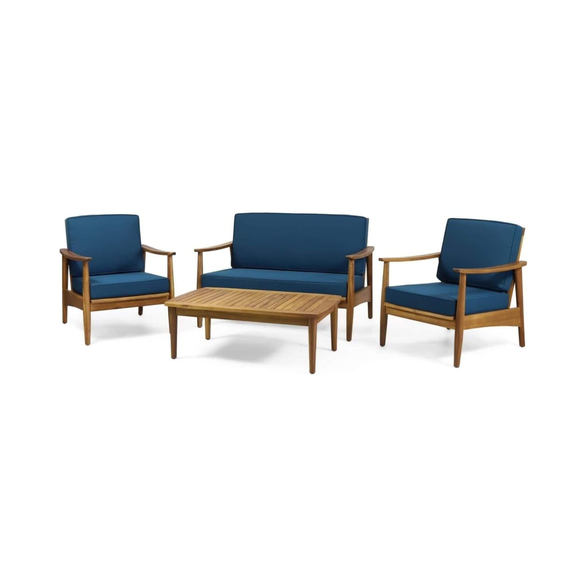 Alora Premium 4-piece wooden outdoor patio seating set with cushions displayed in a stylish arrangement.