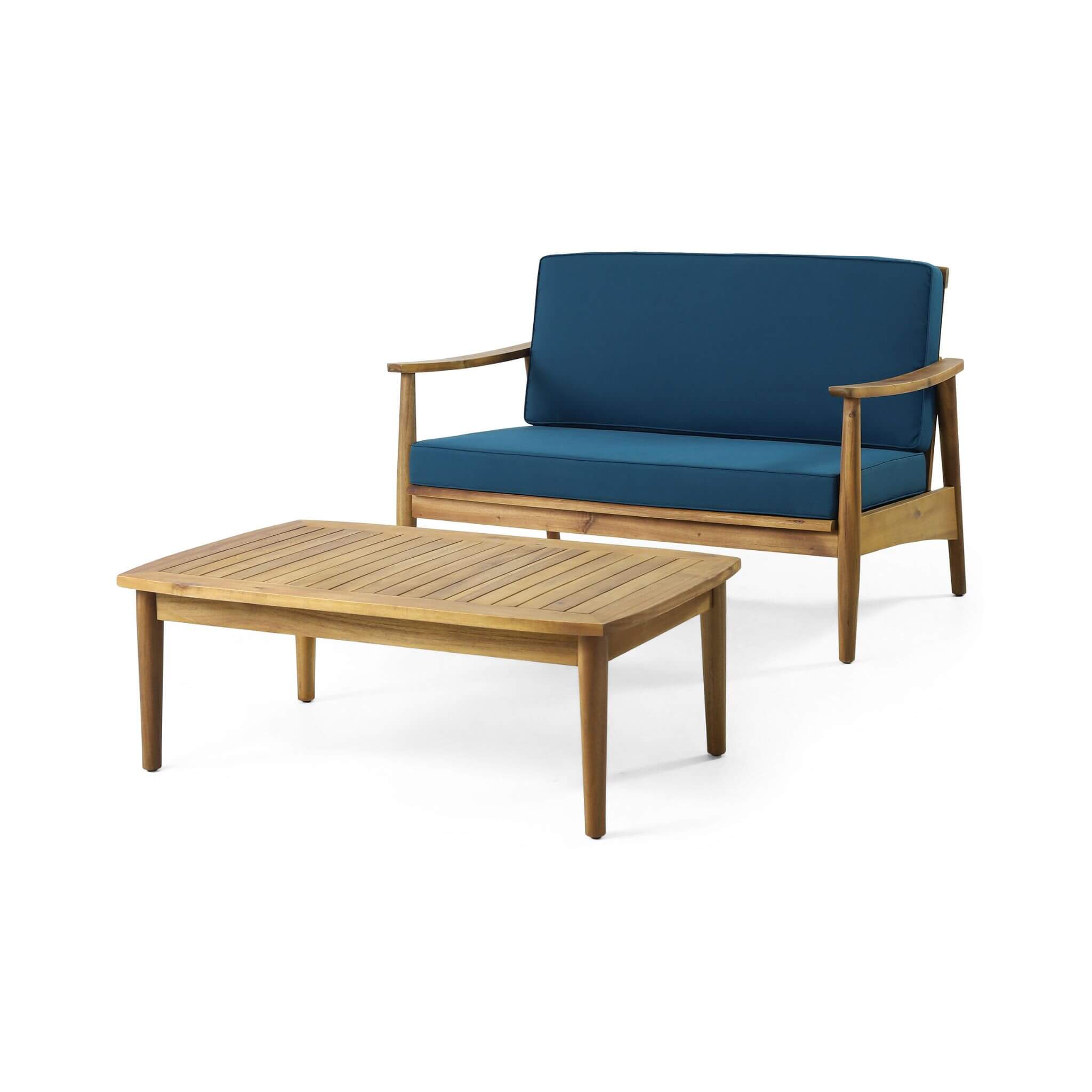 4-piece wooden outdoor patio conversation seating set with cushions, featuring a table and two comfortable seats.