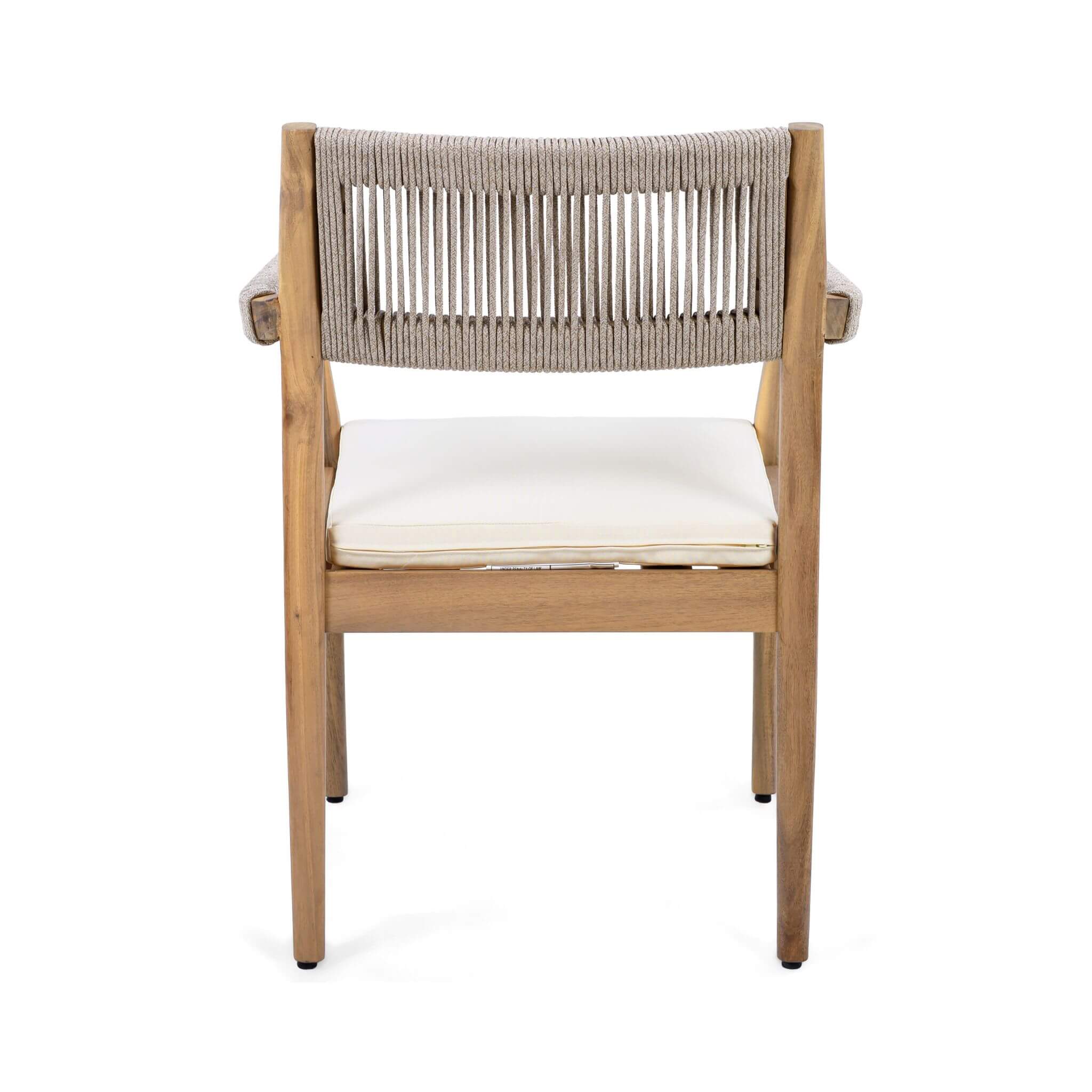 Back view of Alora premium 5-piece outdoor acacia wood furniture set with braided dining chair and cushion details.