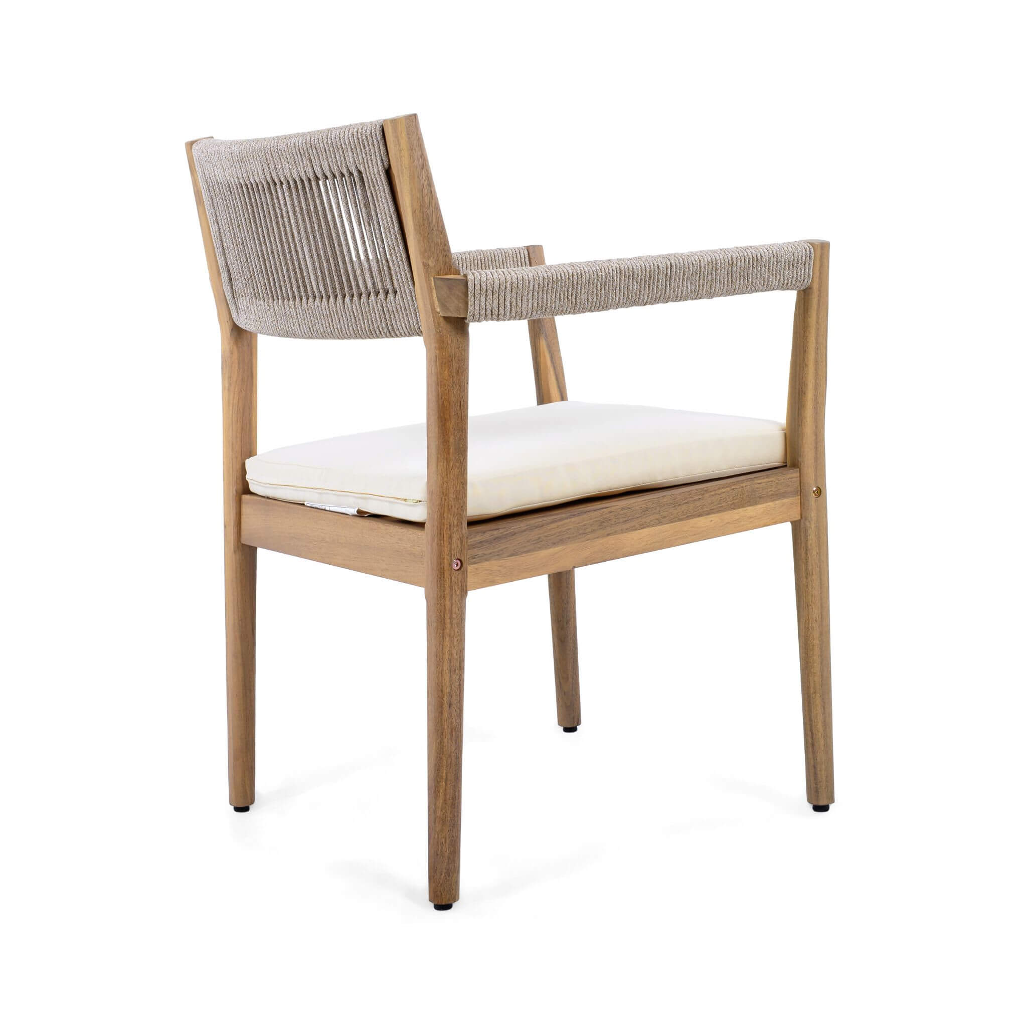 Back view of Alora premium outdoor acacia wood dining chair with cushion from 5-piece patio furniture set by SAKSBY WHOLESALE.