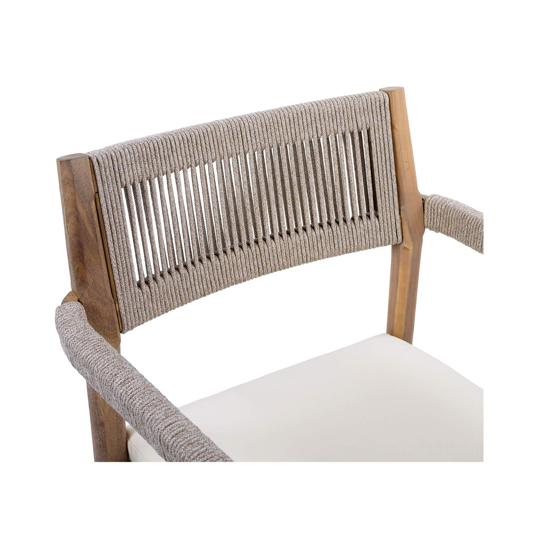 Alora 5-piece outdoor acacia wood furniture set featuring braided dining chairs, cushions, and a dining table.