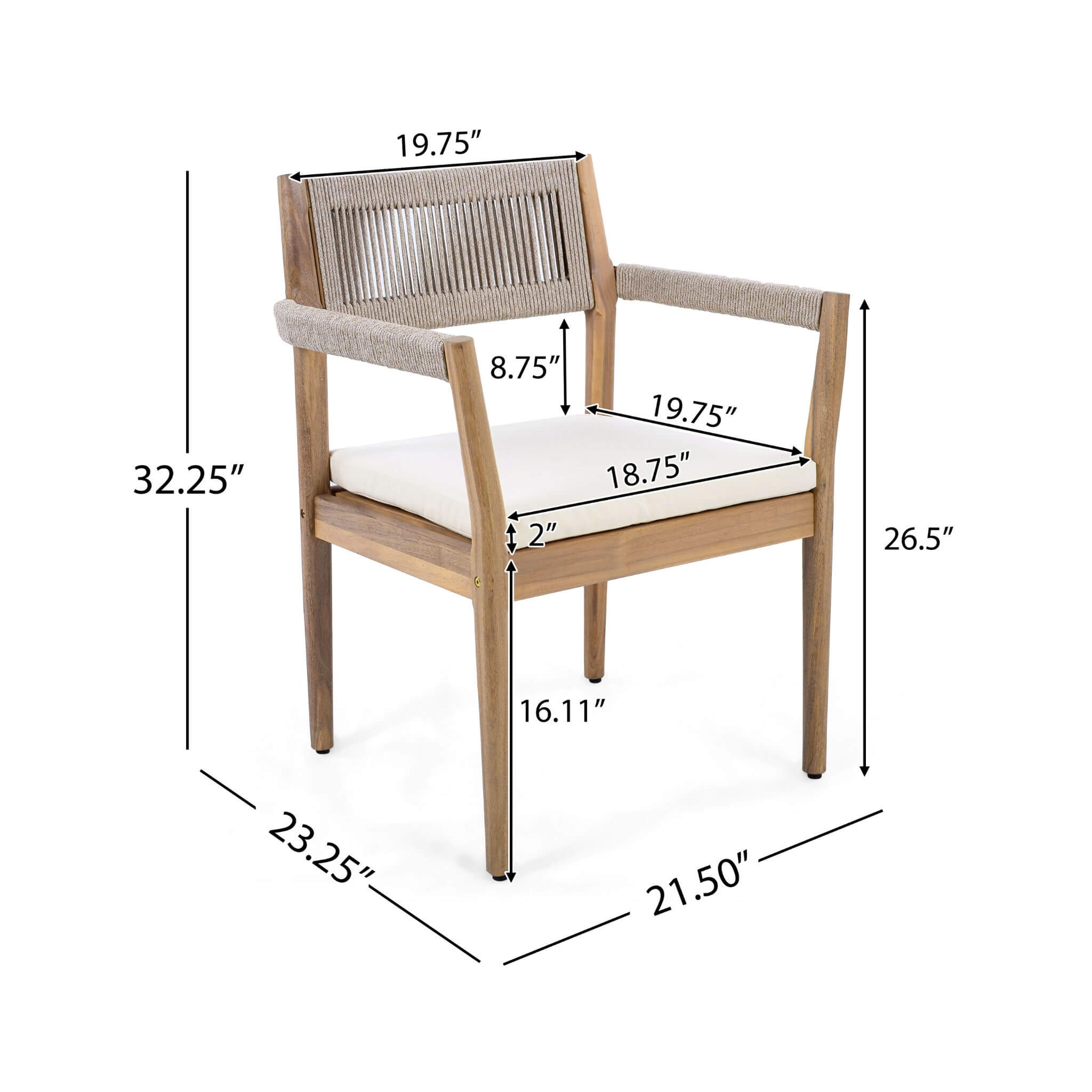 5-piece Alora outdoor acacia wood furniture set with braided dining chairs, cushions, and a dining table.