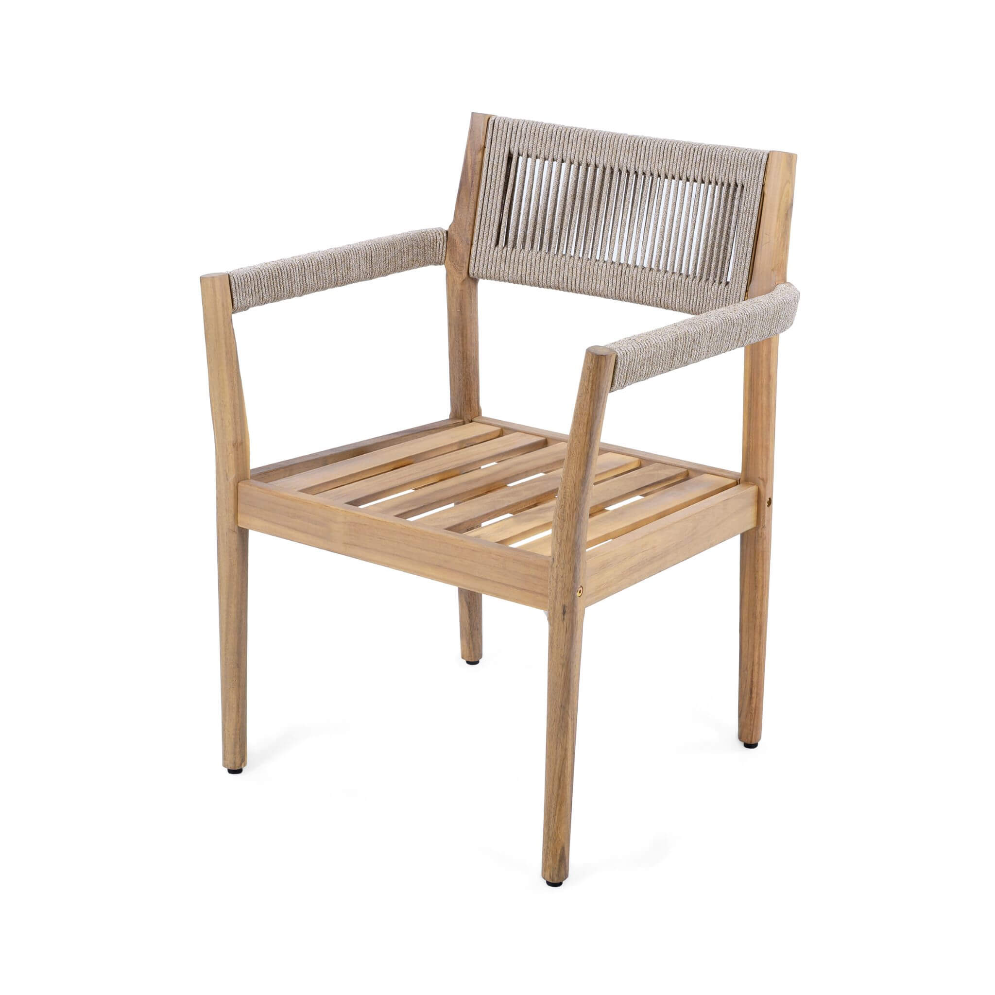 Alora 5-piece outdoor acacia wood furniture set featuring braided dining chairs and cushions, displayed with table.