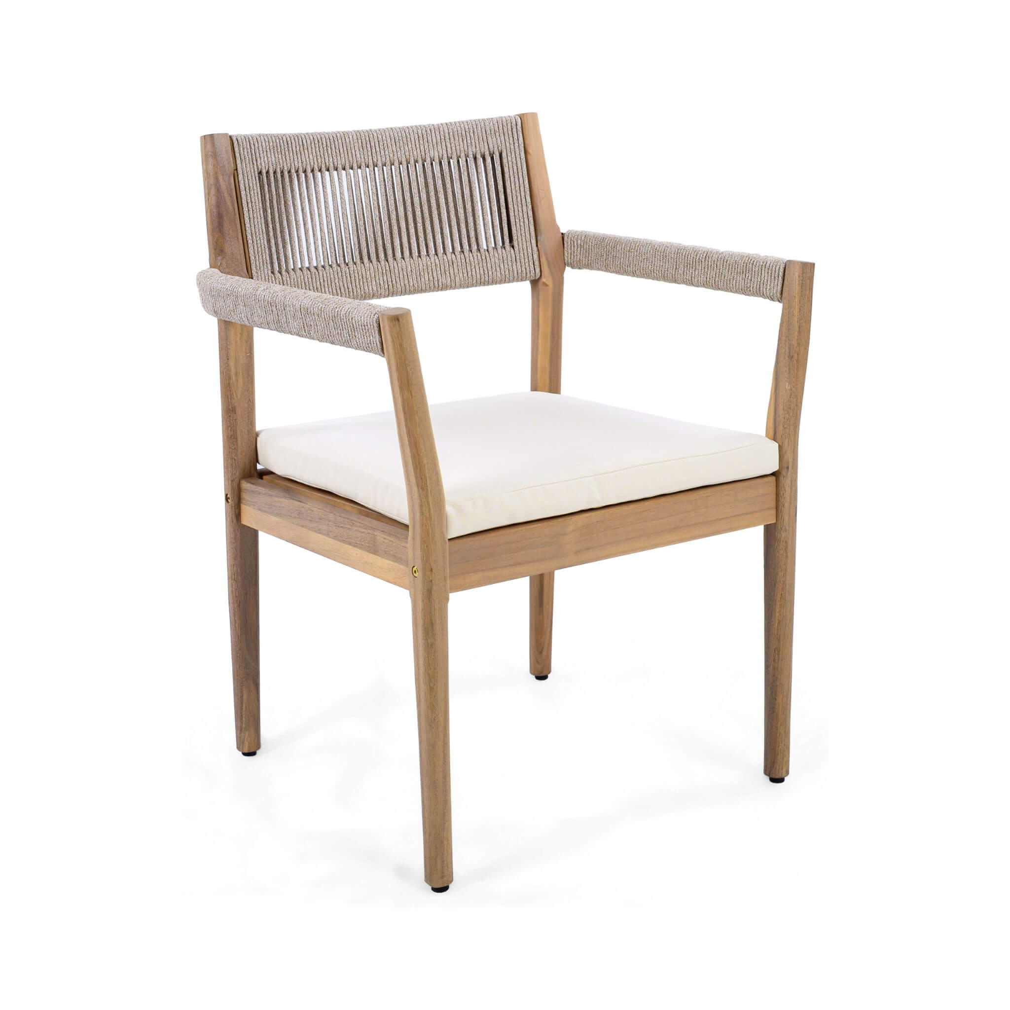 5-piece Alora outdoor acacia wood patio furniture set with braided dining chairs and cushions on a white background.