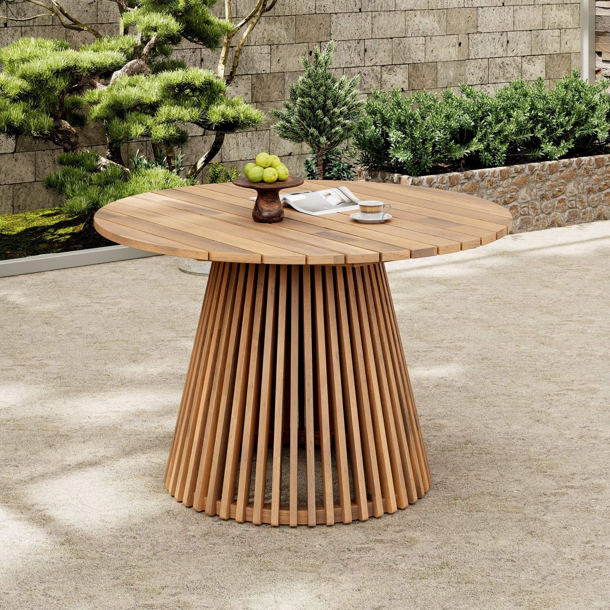 Alora 5-piece outdoor acacia wood patio furniture set with braided dining chairs and cushions, featuring a dining table.