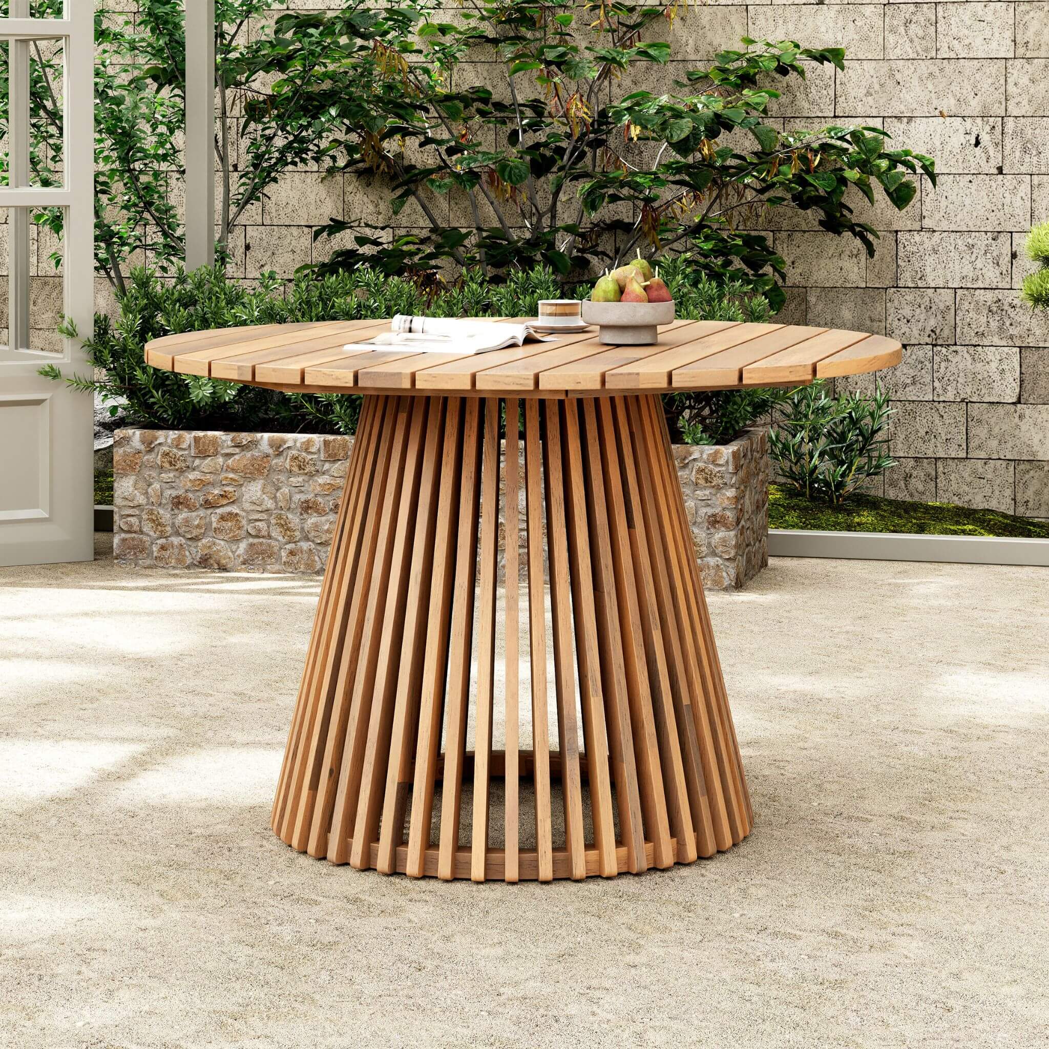 5-piece outdoor acacia wood patio furniture set with braided dining chairs and cushions, featuring a stylish dining table.