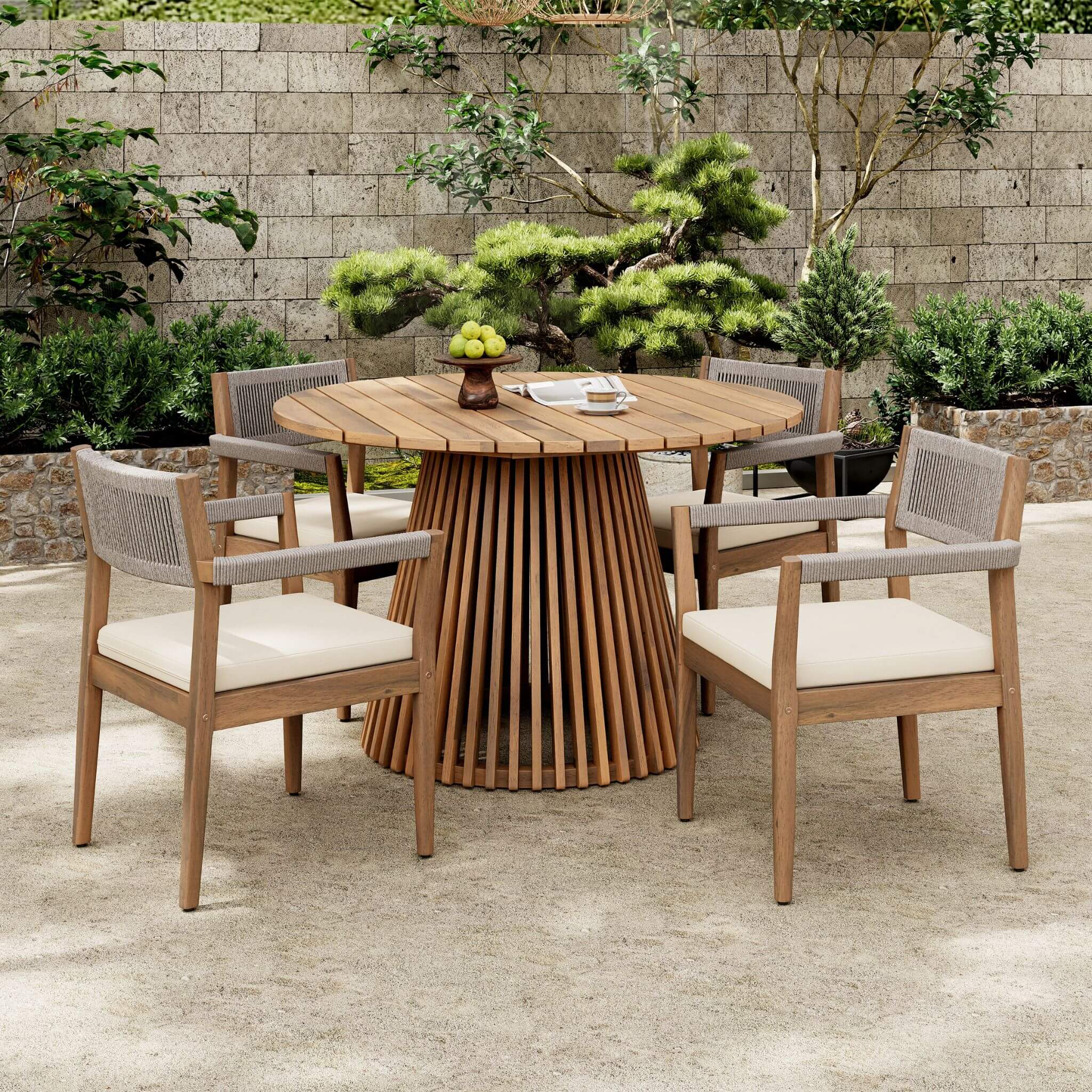 Alora 5-piece outdoor acacia wood patio furniture set with braided dining chairs and cushions, featuring a dining table.
