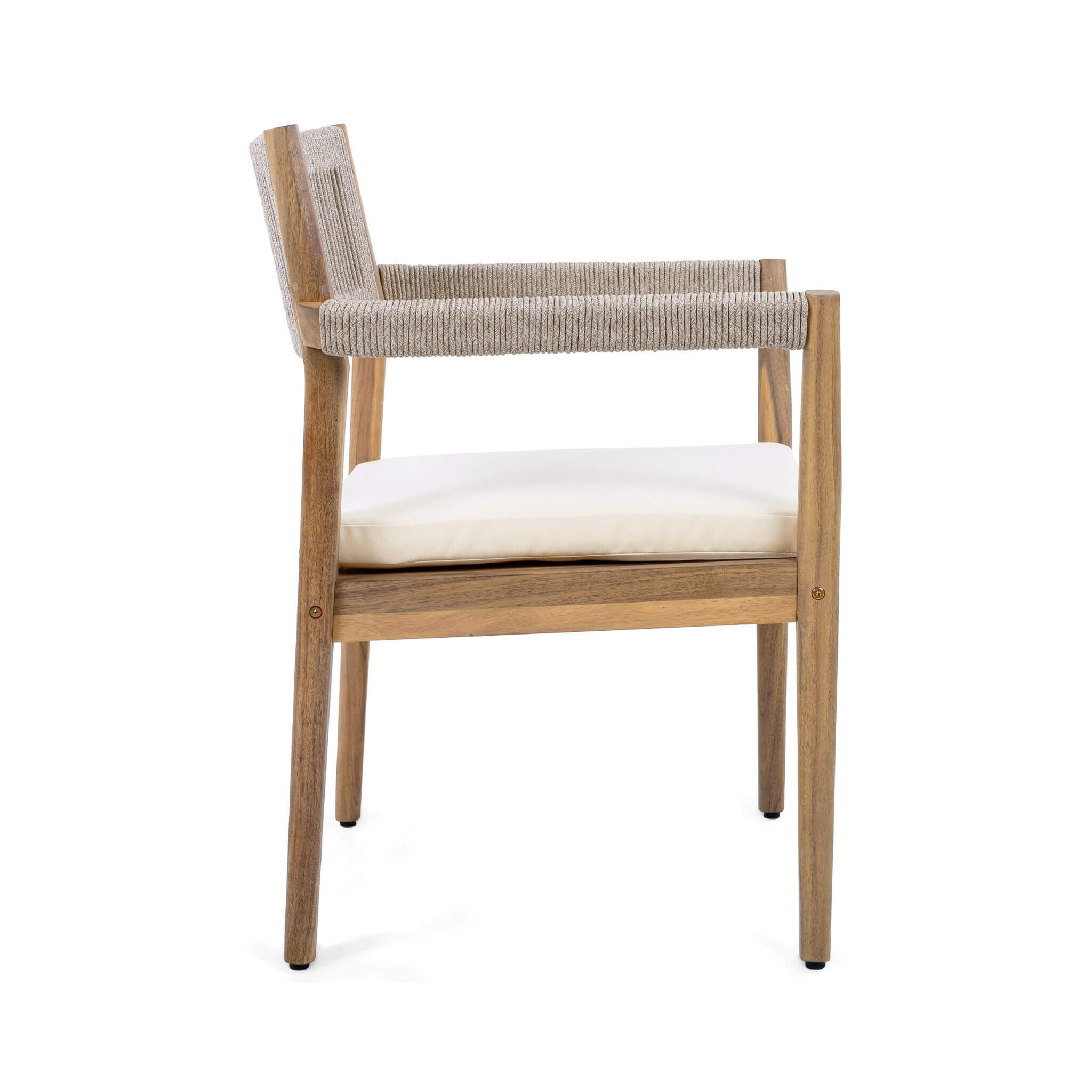 Side view of SAKSBY WHOLESALE outdoor acacia wood dining chair with braided design and cushion from a 5-piece patio set.